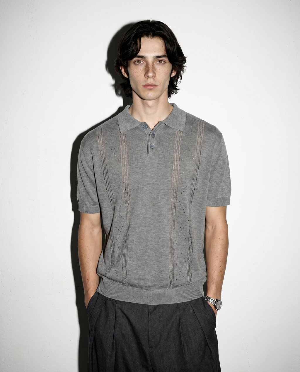 Open Rib Knit Stripe Polo Shirt
