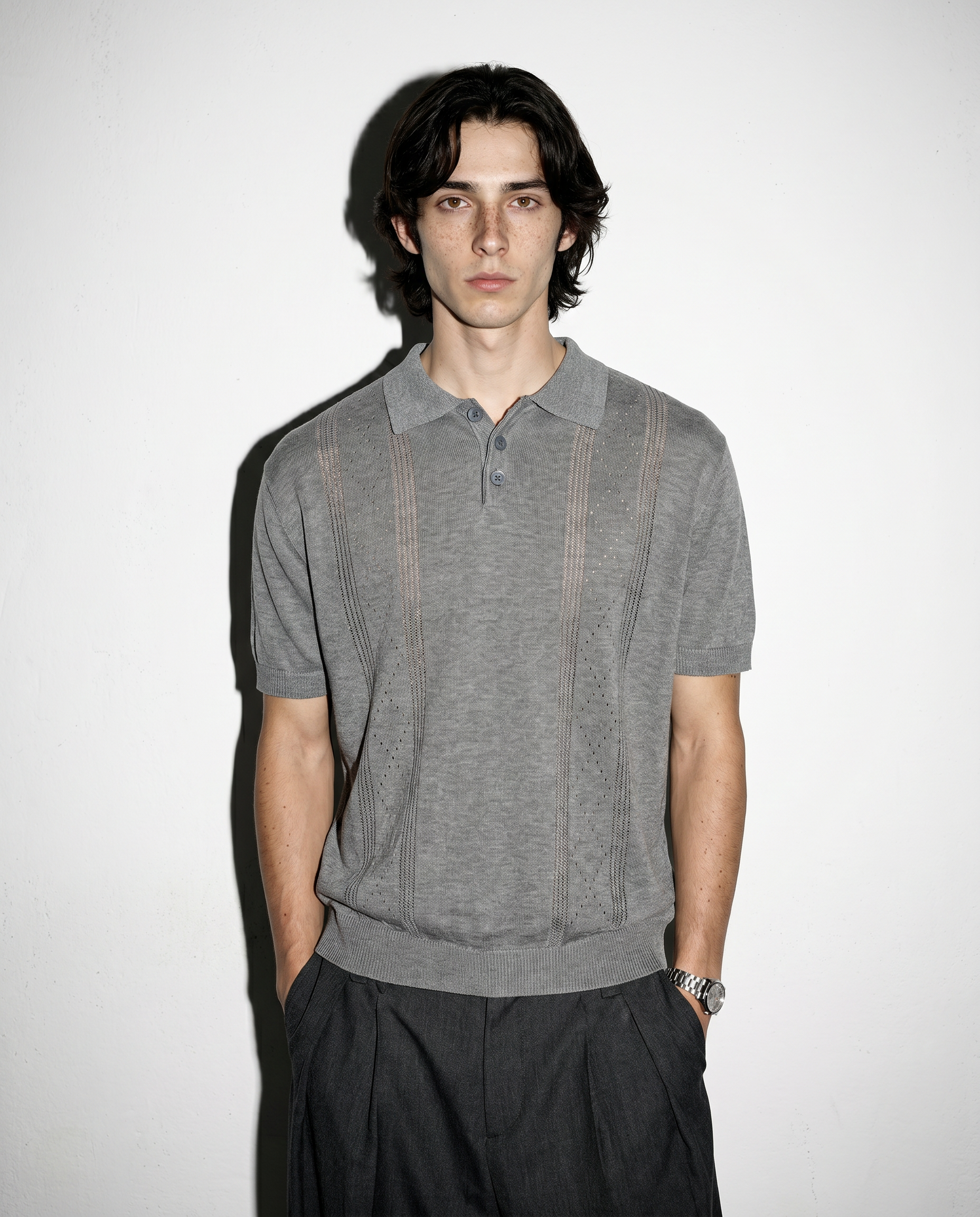 Open Rib Knit Stripe Polo Shirt
