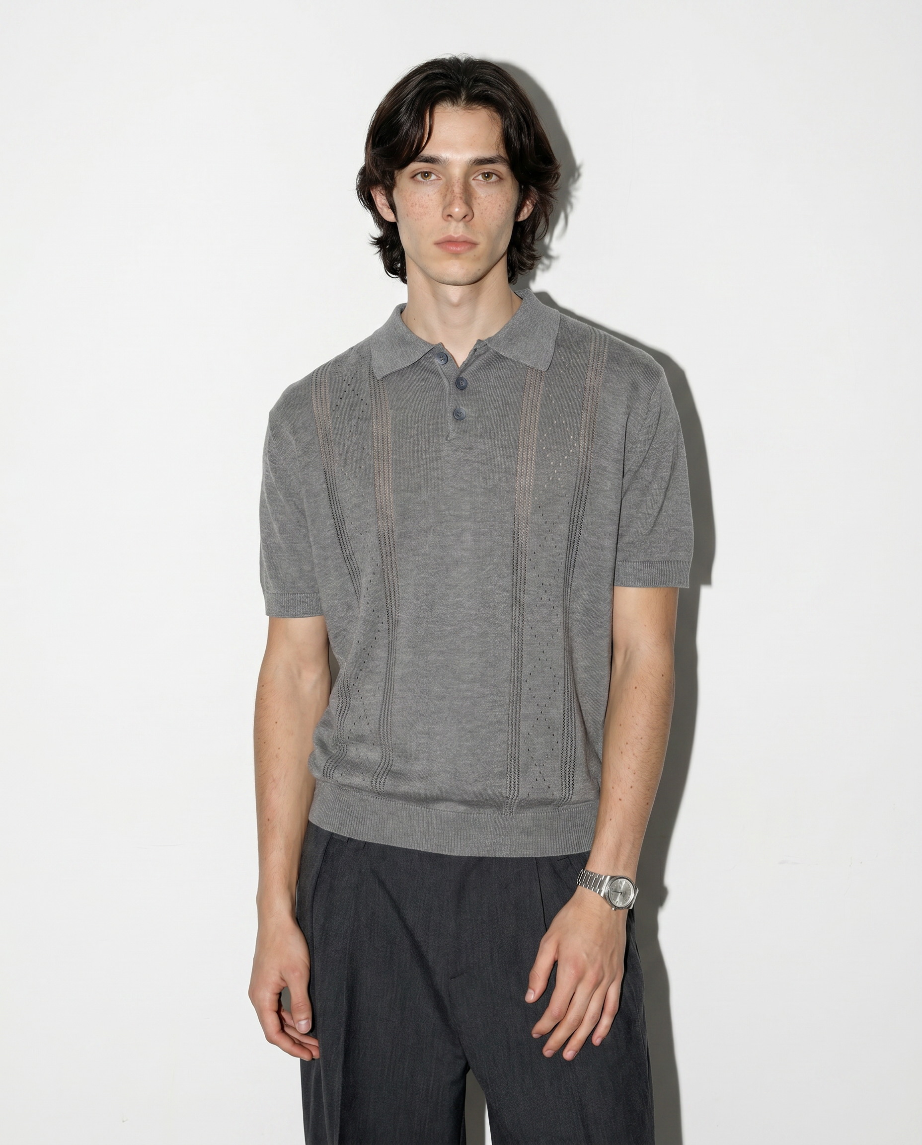 Open Rib Knit Stripe Polo Shirt
