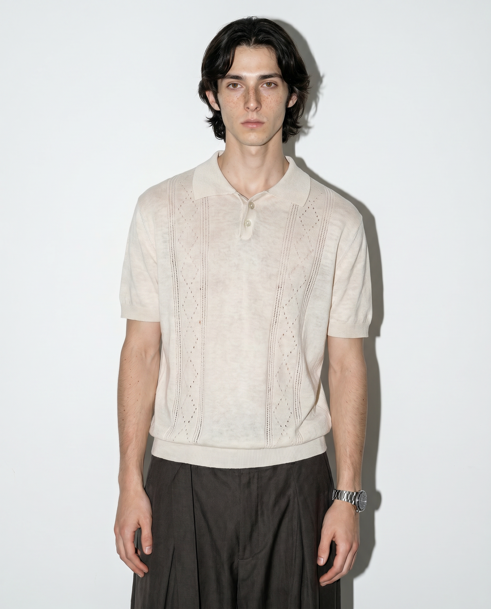 Open Rib Knit Stripe Polo Shirt