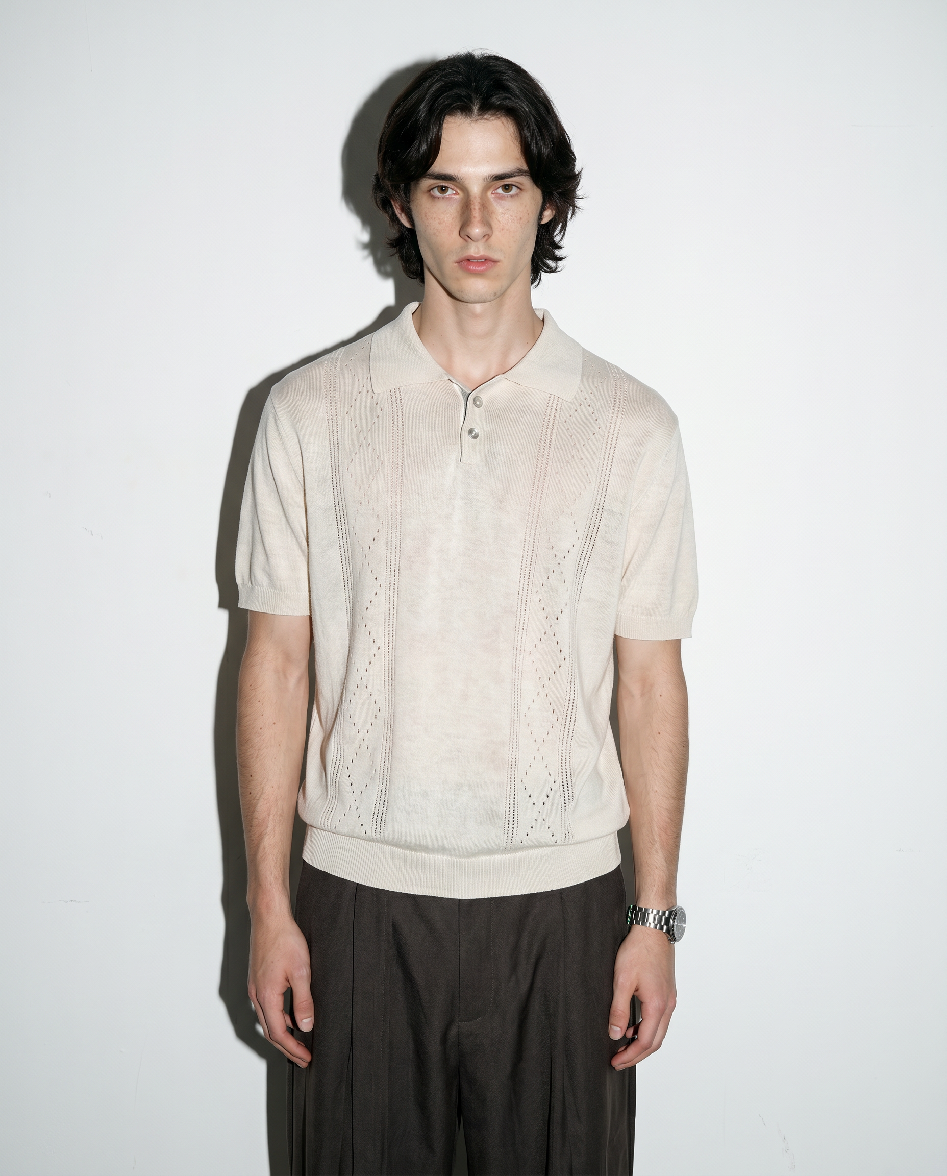 Open Rib Knit Stripe Polo Shirt