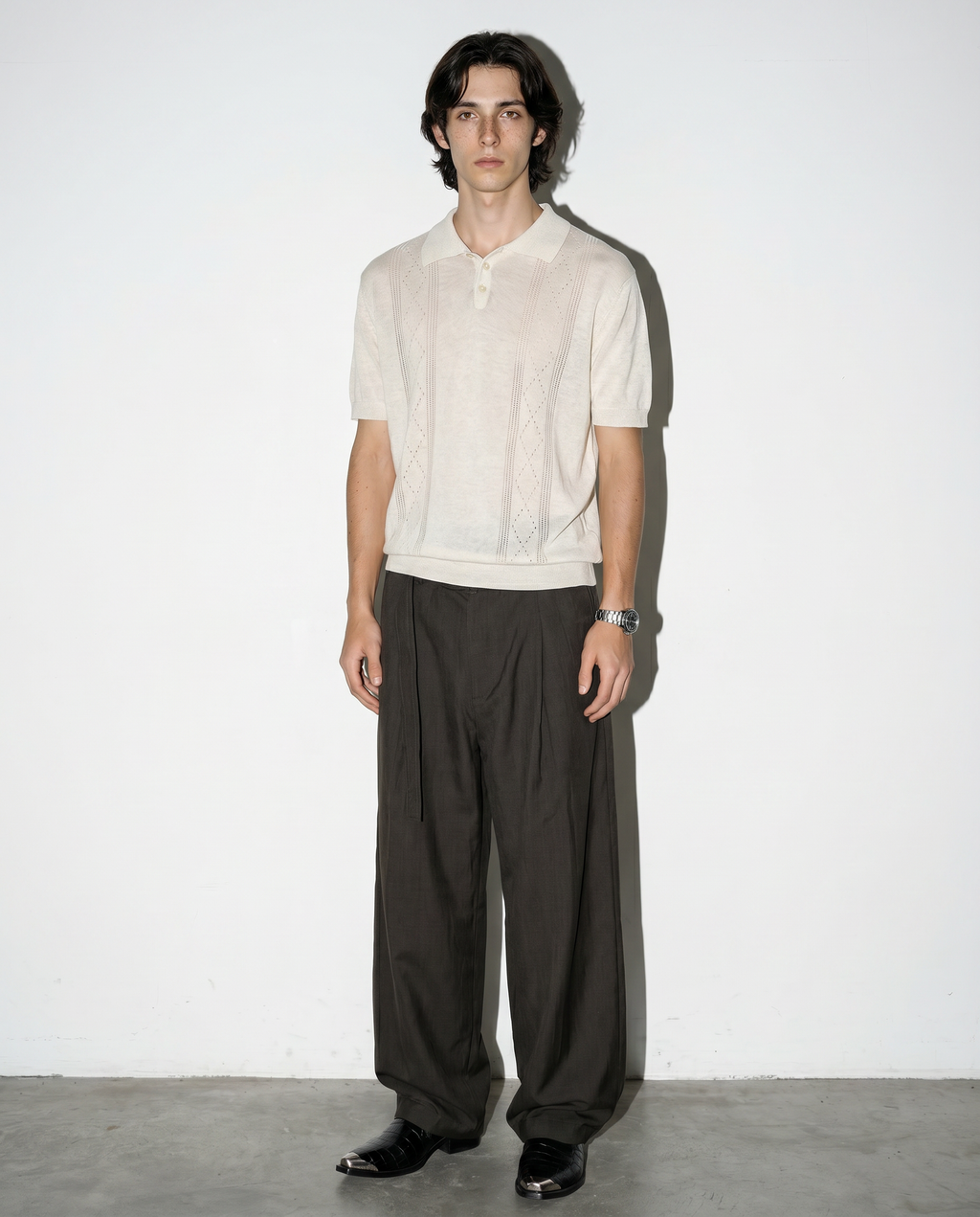 Open Rib Knit Stripe Polo Shirt