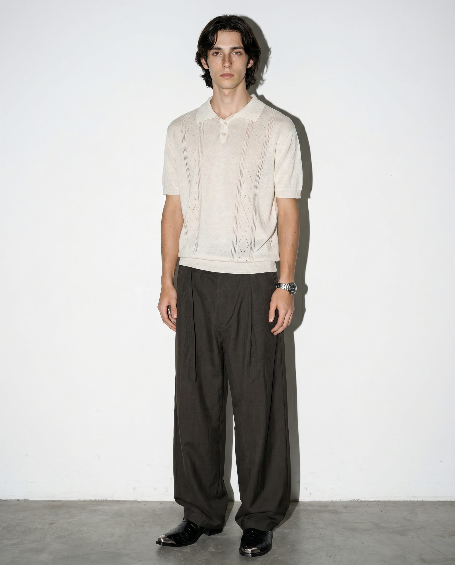 Open Rib Knit Stripe Polo Shirt