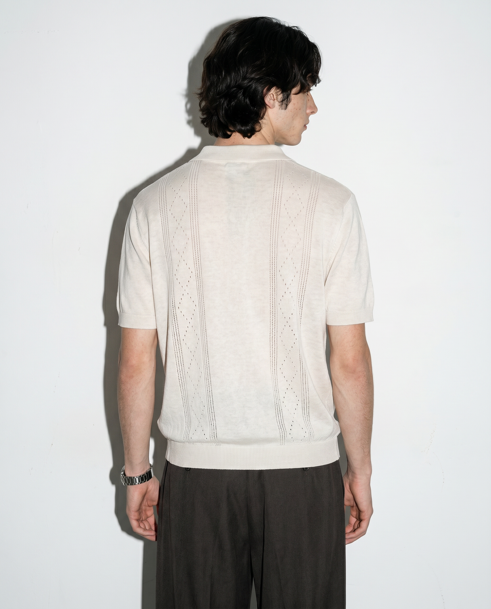Open Rib Knit Stripe Polo Shirt