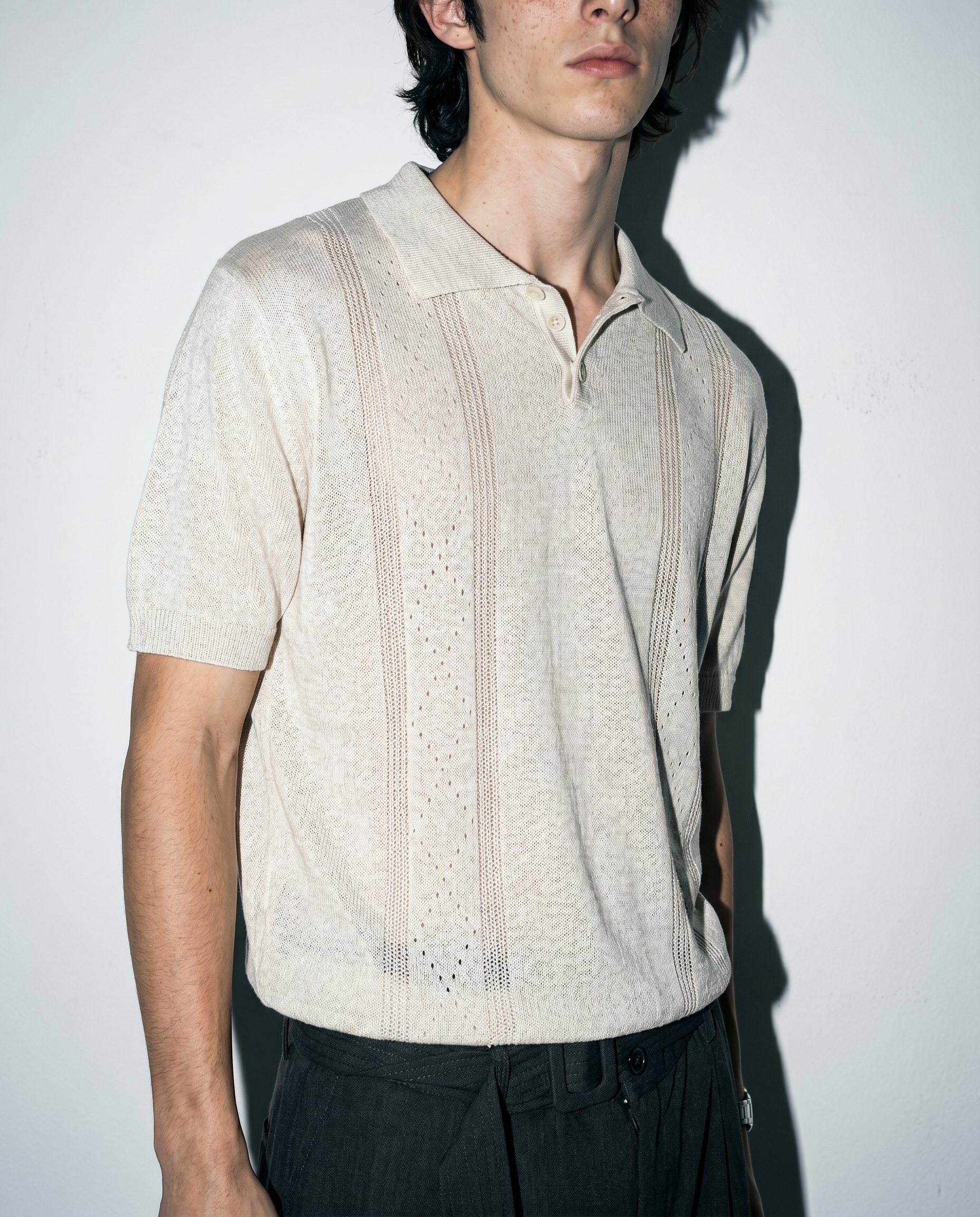 Open Rib Knit Stripe Polo Shirt