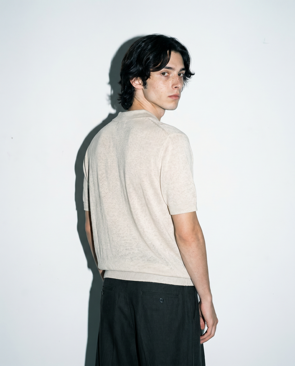 Open Rib Knit Stripe Polo Shirt