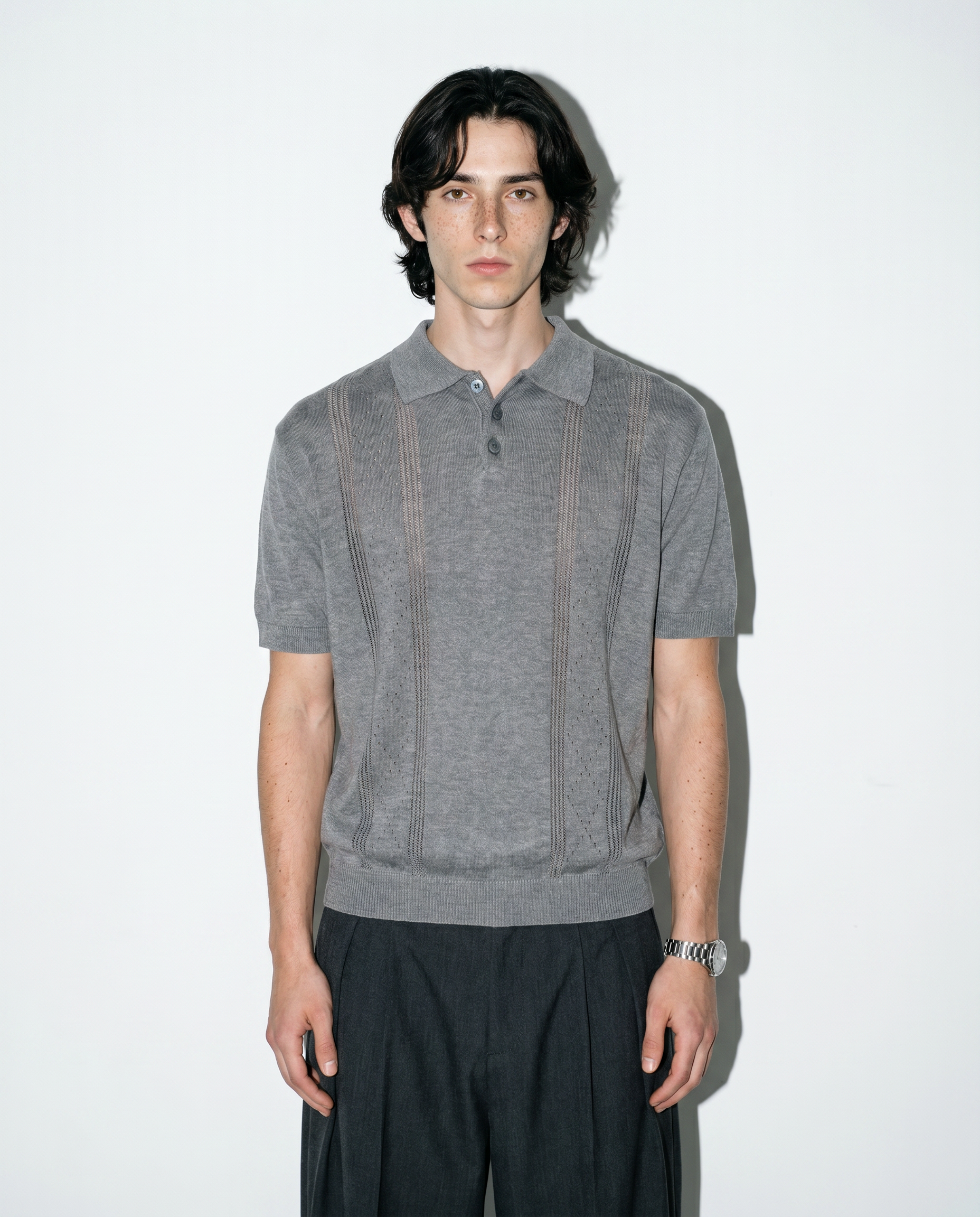 Open Rib Knit Stripe Polo Shirt