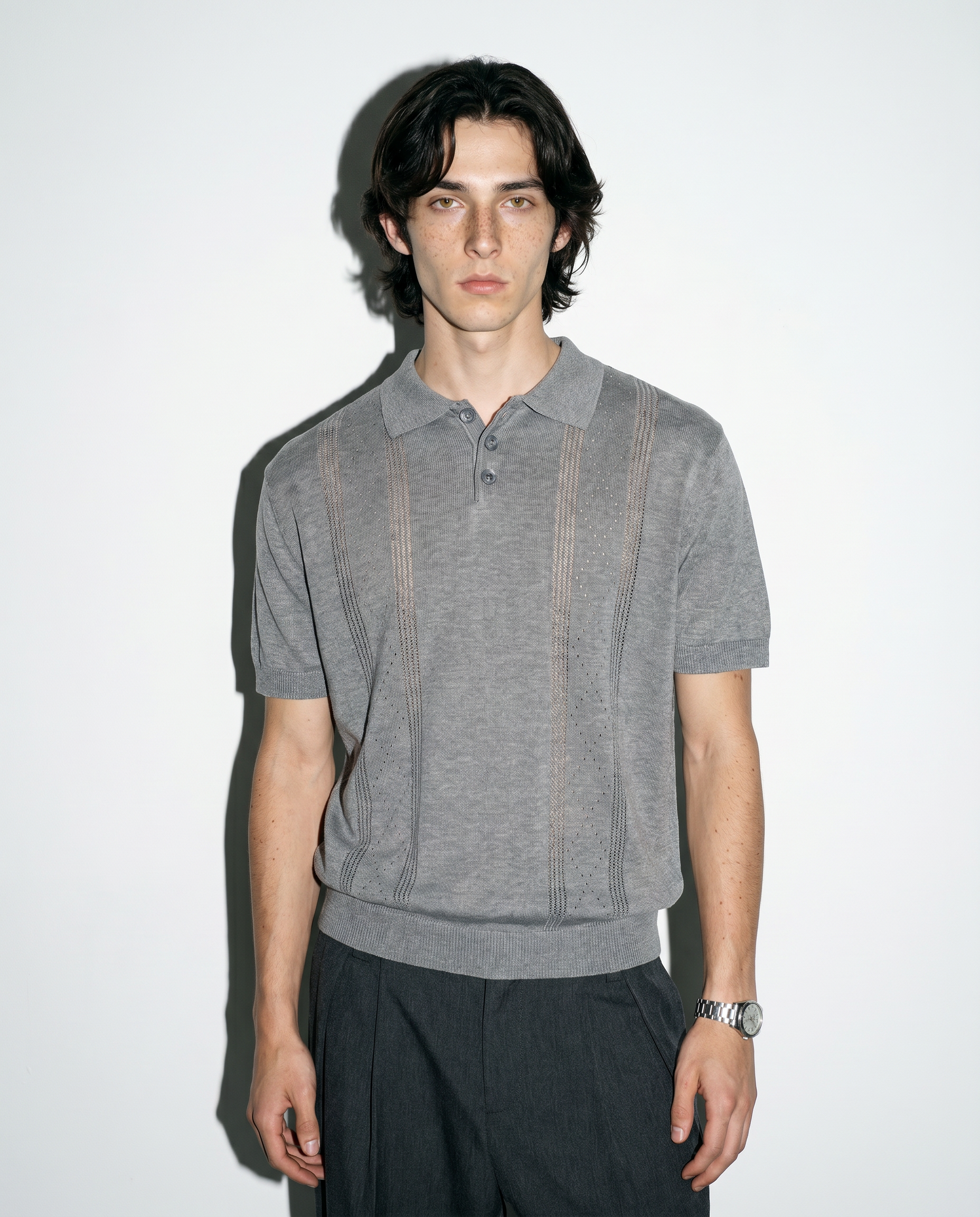 Open Rib Knit Stripe Polo Shirt