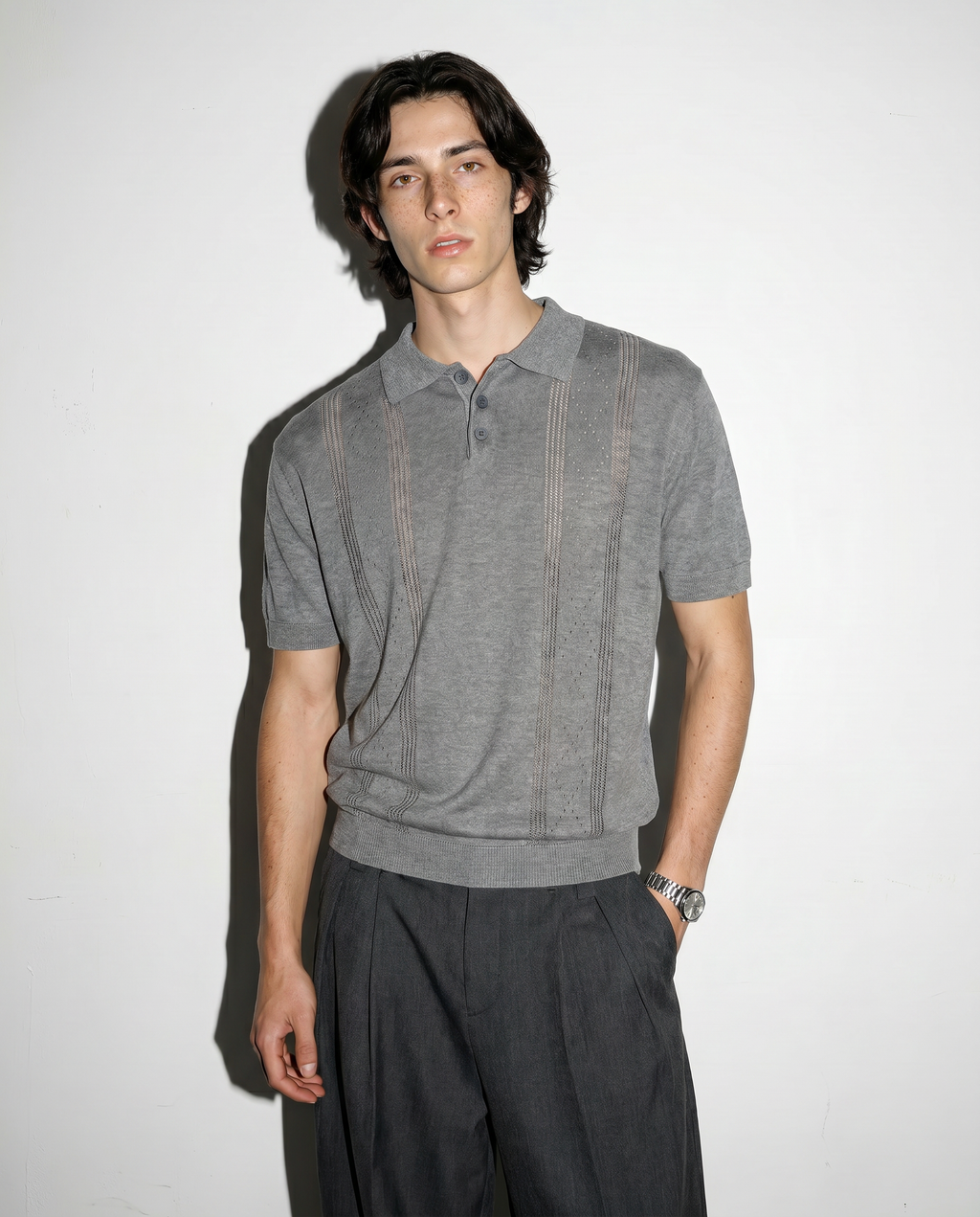 Open Rib Knit Stripe Polo Shirt