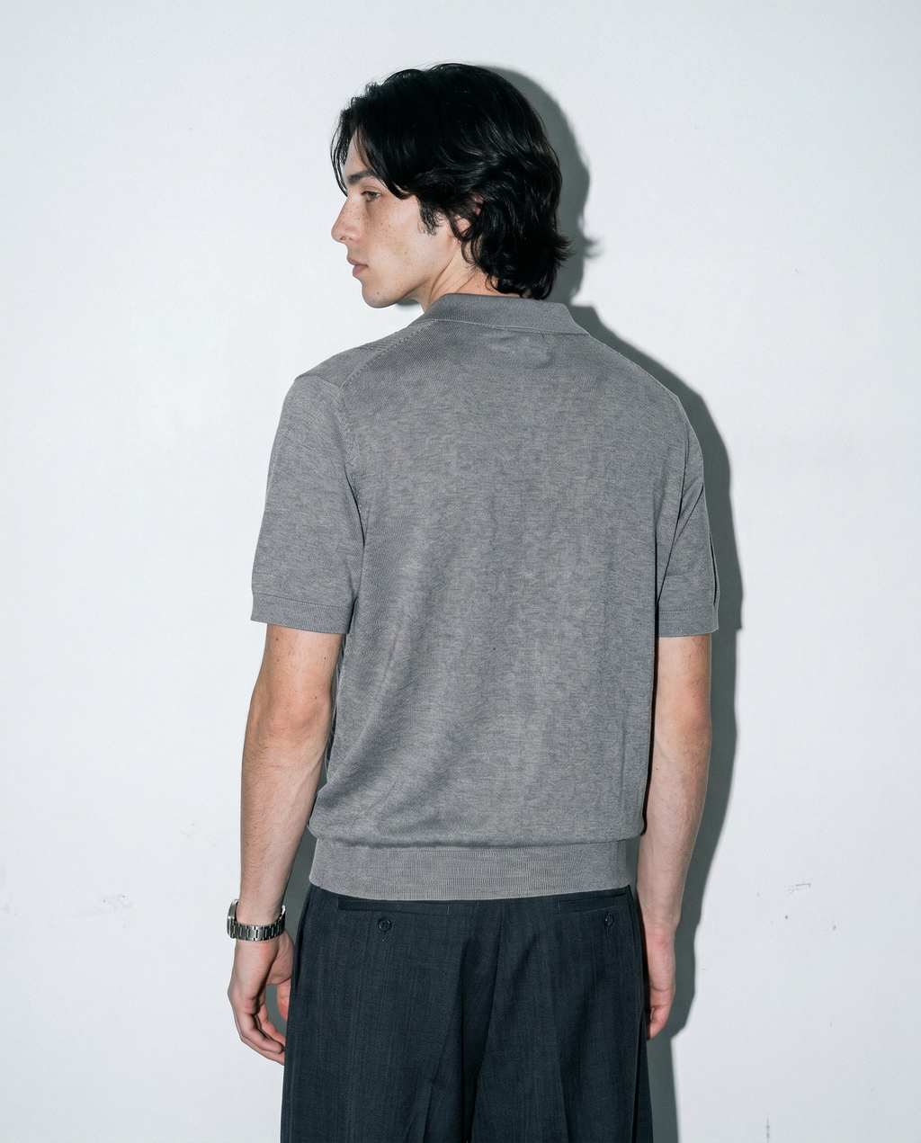 Open Rib Knit Stripe Polo Shirt