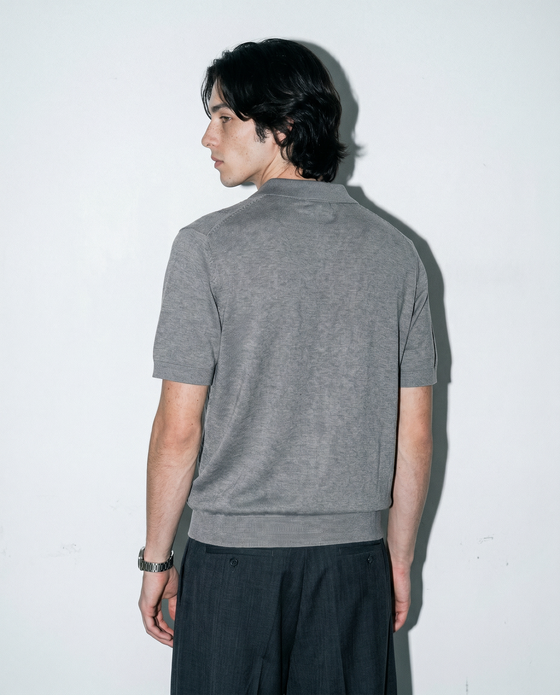 Open Rib Knit Stripe Polo Shirt