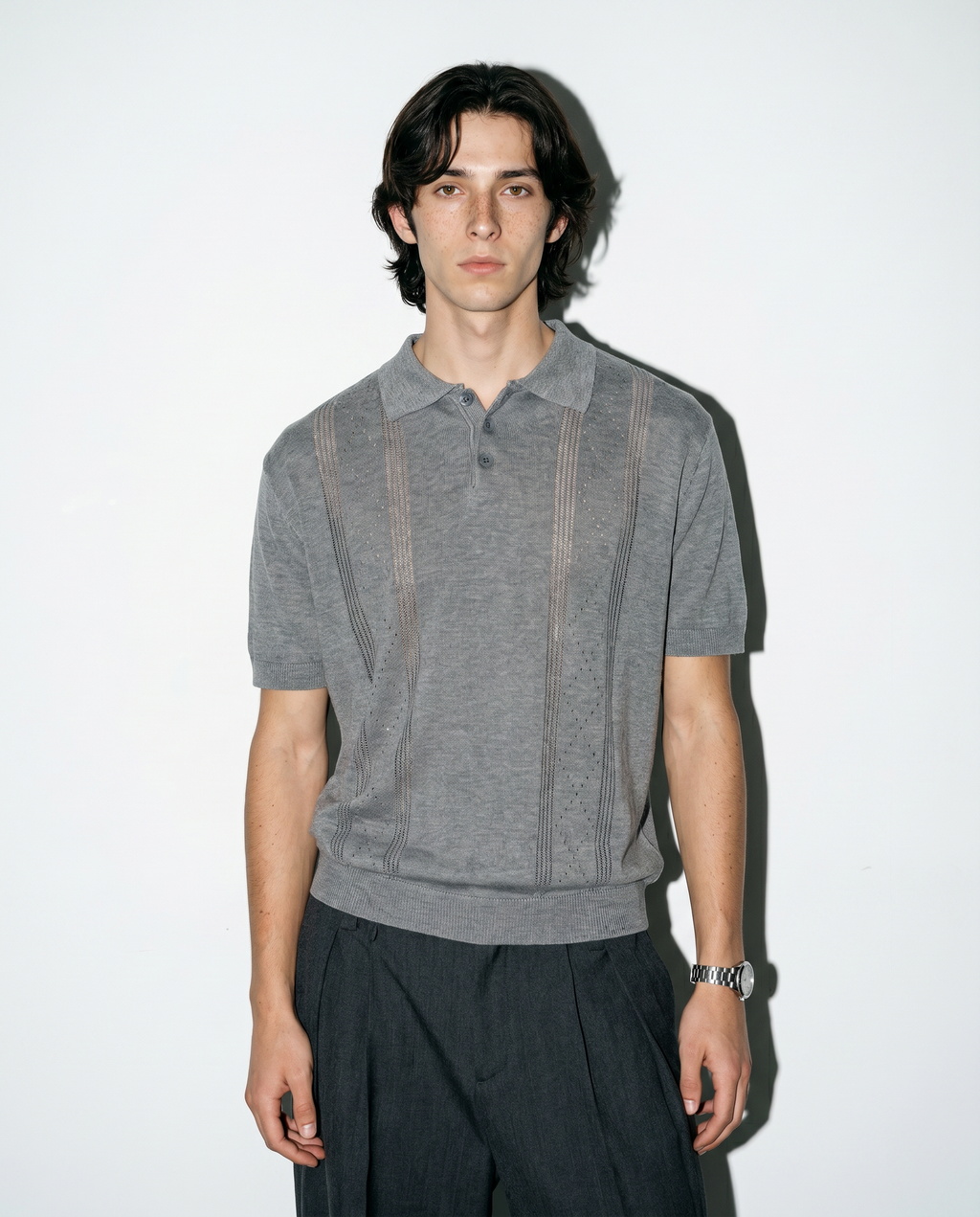 Open Rib Knit Stripe Polo Shirt
