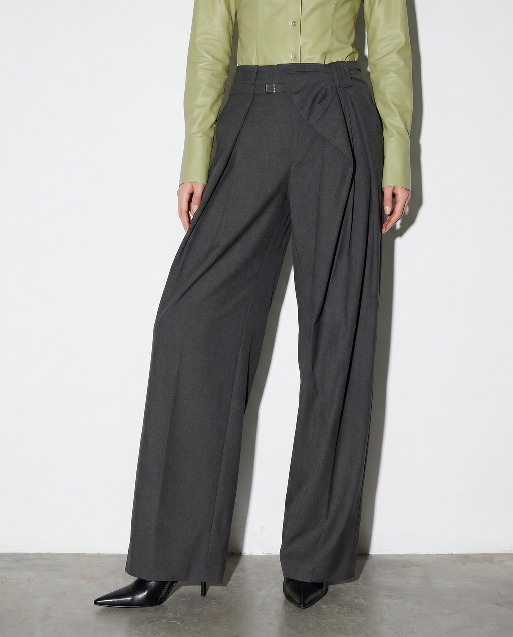 Pleated Bow Detail Wide Leg Trousers