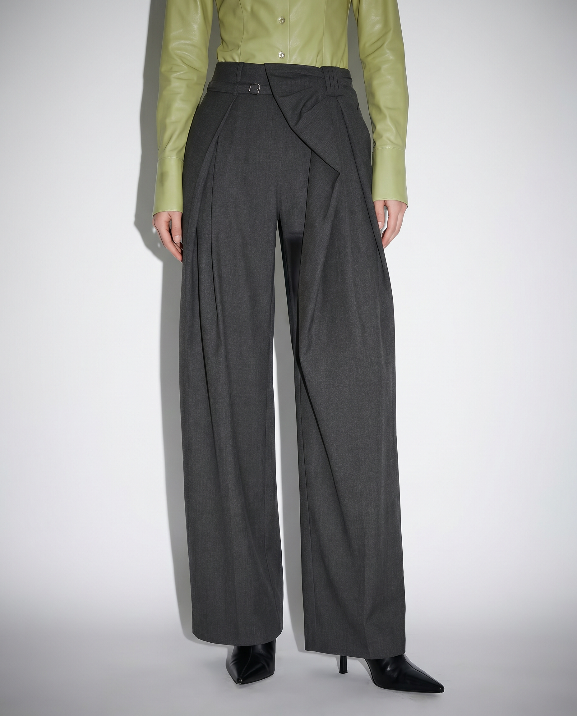 Pleated Bow Detail Wide Leg Trousers