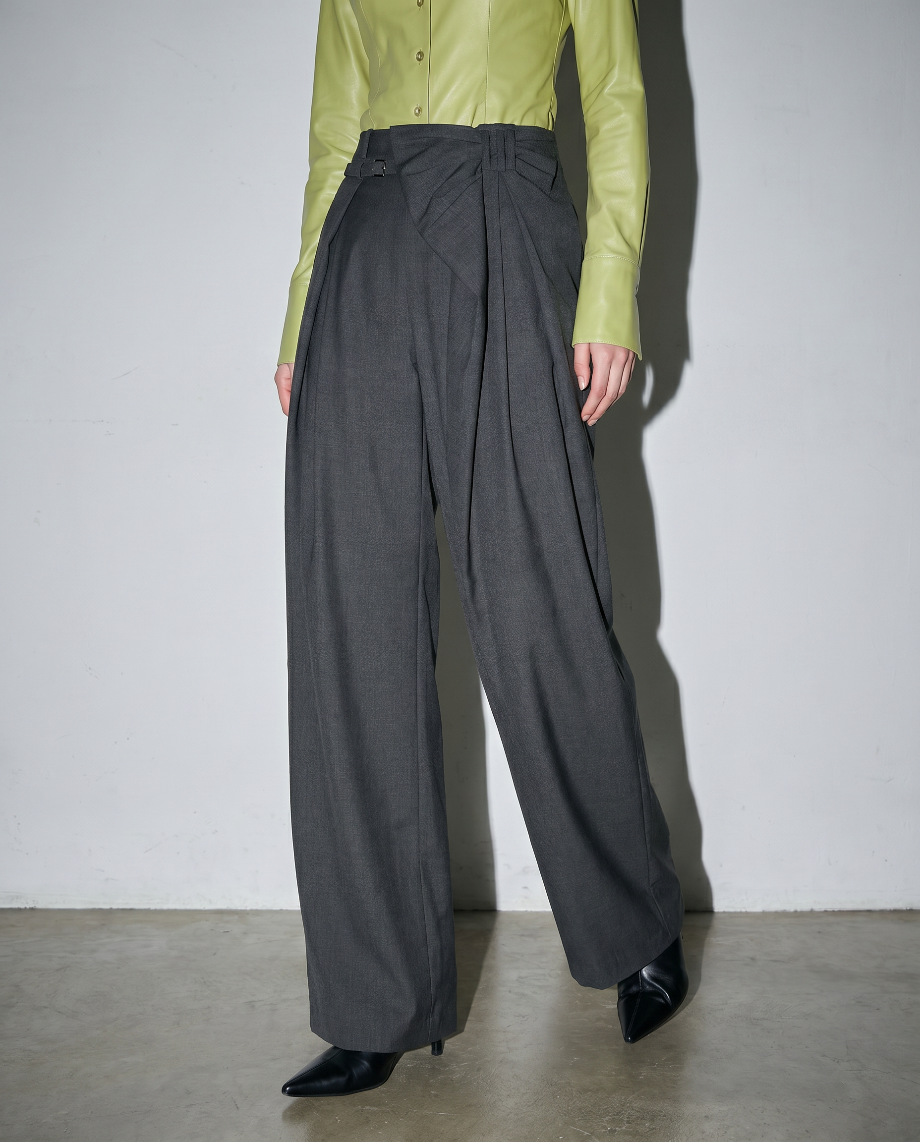 Pleated Bow Detail Wide Leg Trousers