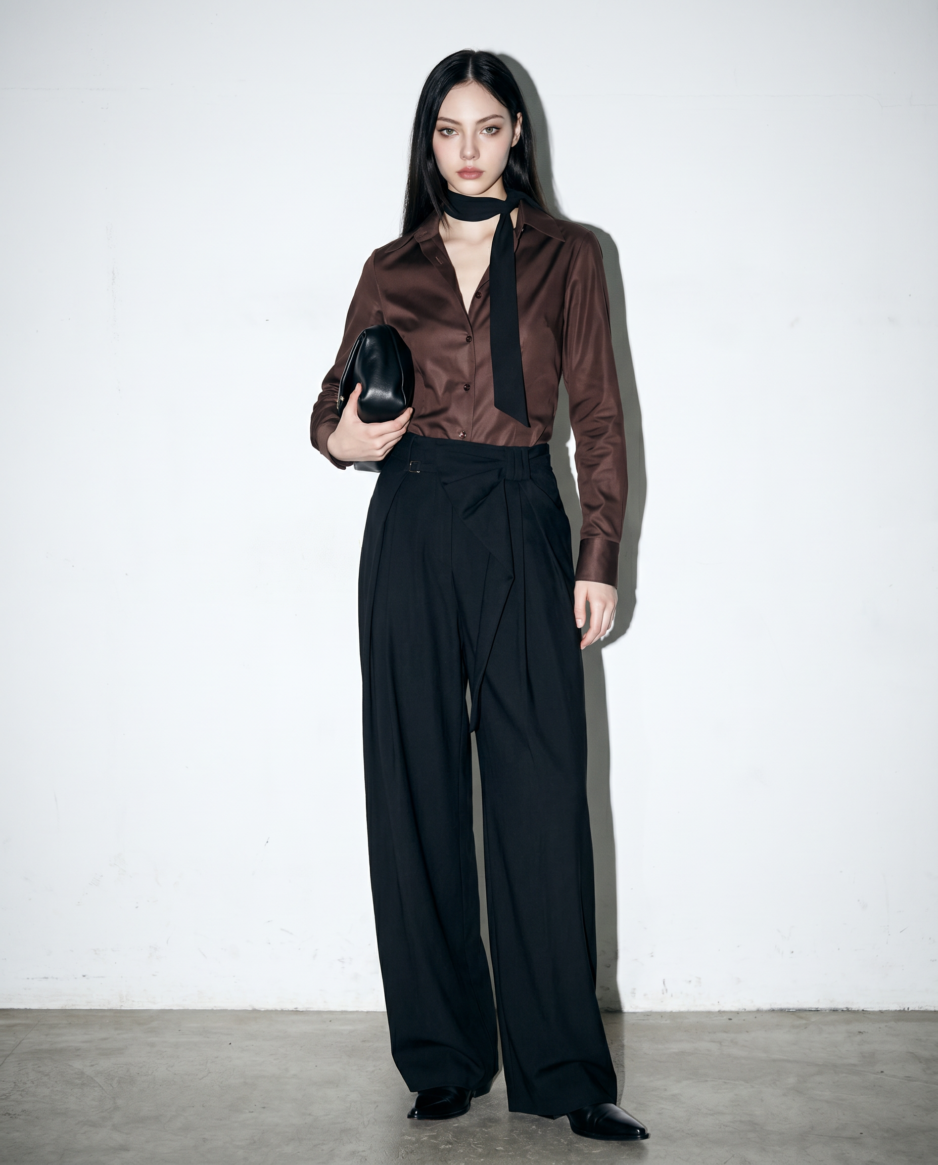 Pleated Bow Detail Wide Leg Trousers