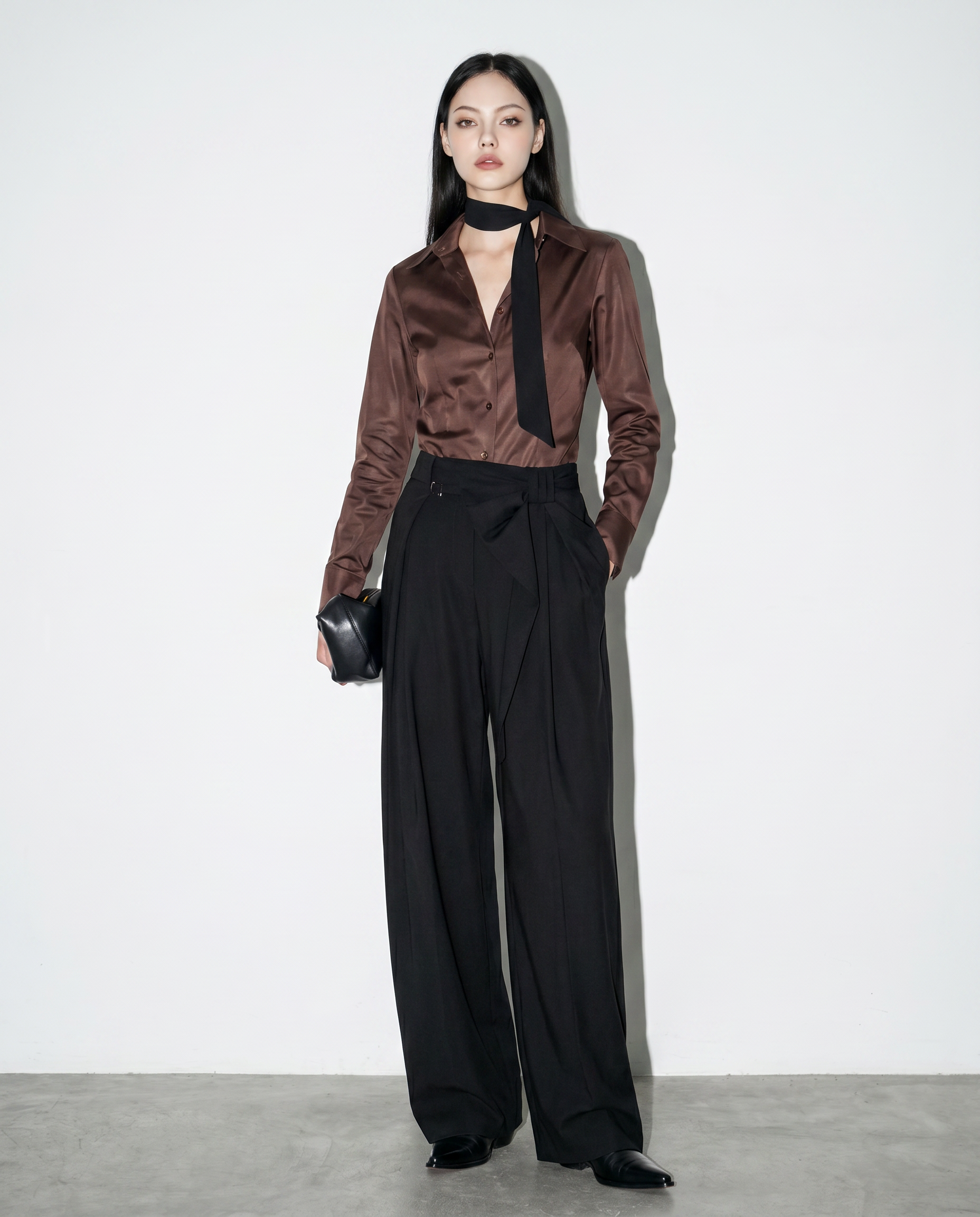 Pleated Bow Detail Wide Leg Trousers