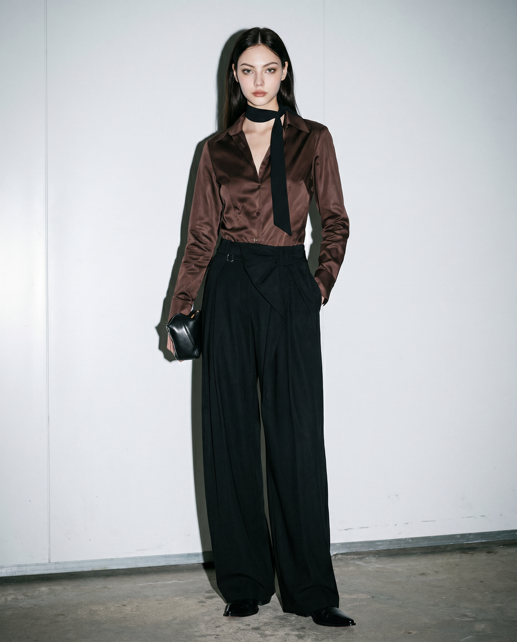 Pleated Bow Detail Wide Leg Trousers