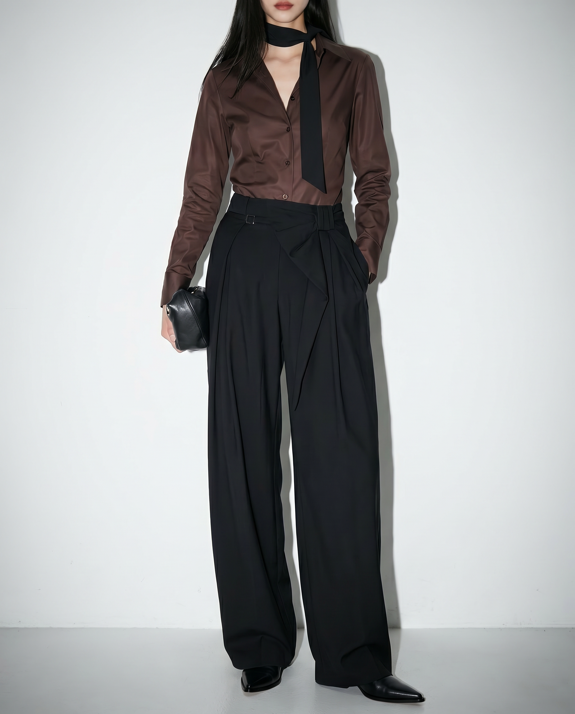 Pleated Bow Detail Wide Leg Trousers