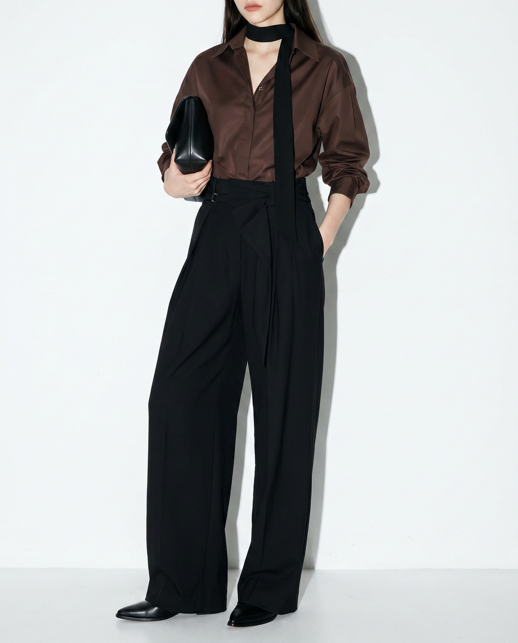 Pleated Bow Detail Wide Leg Trousers
