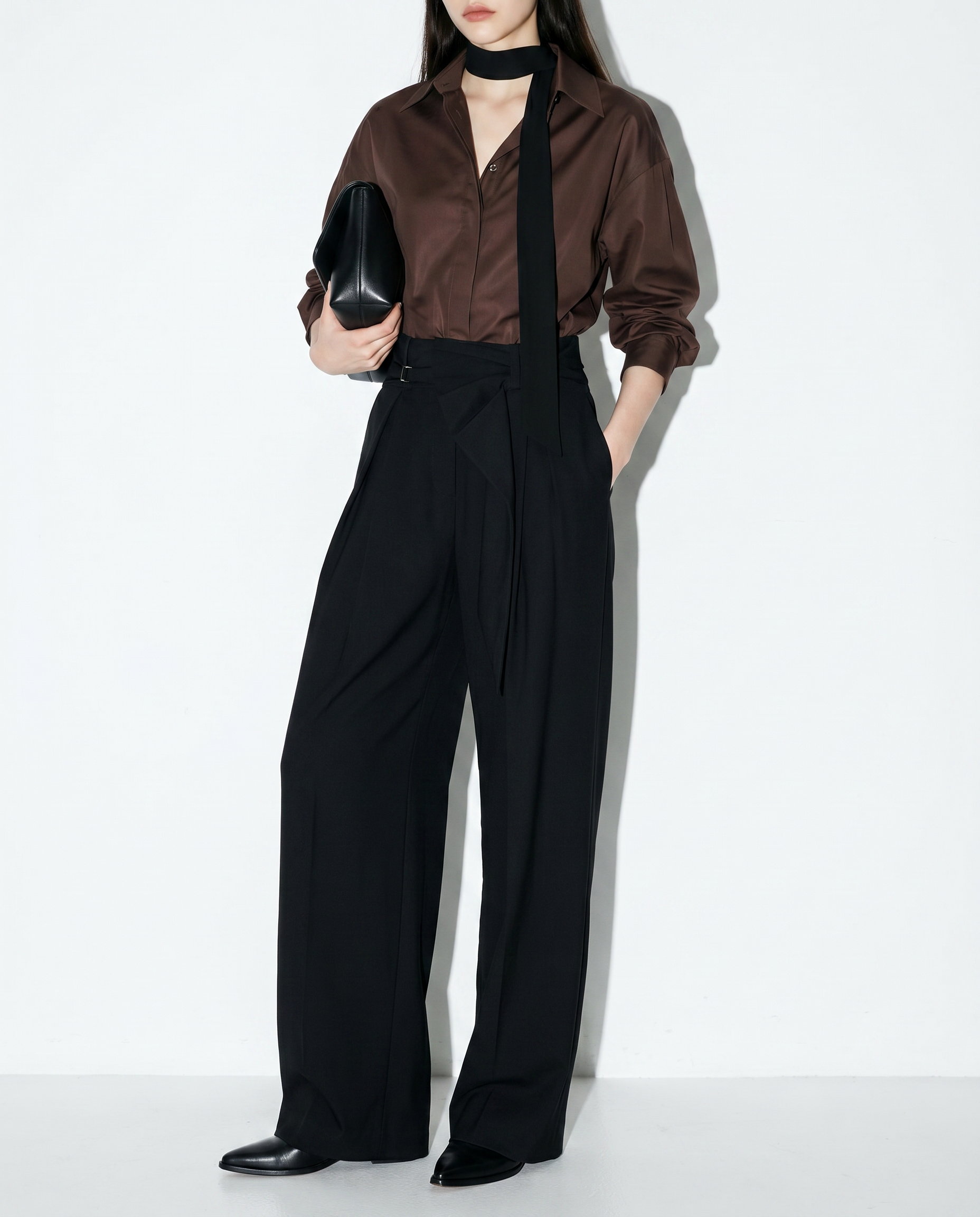 Pleated Bow Detail Wide Leg Trousers