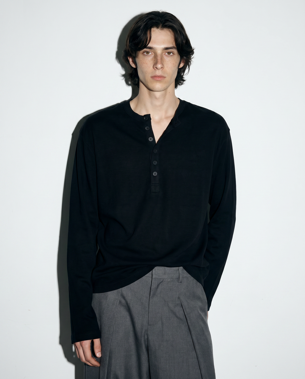 Relaxed Fit Mid-Crop Henley Long Sleeve T-Shirt