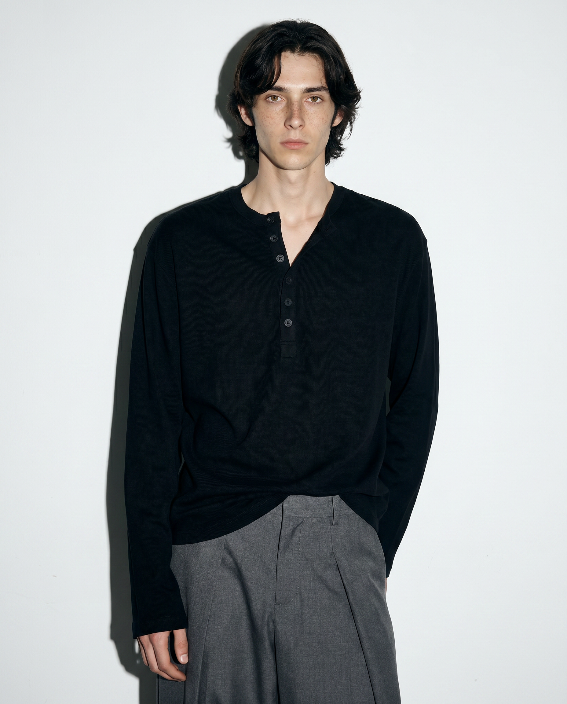 Relaxed Fit Mid-Crop Henley Long Sleeve T-Shirt