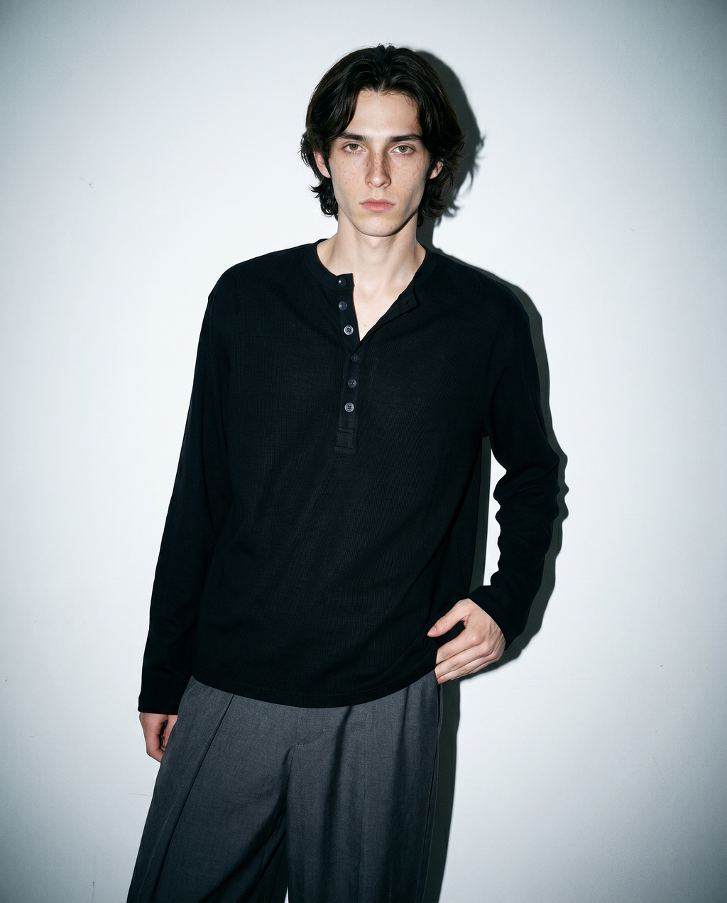 Relaxed Fit Mid-Crop Henley Long Sleeve T-Shirt