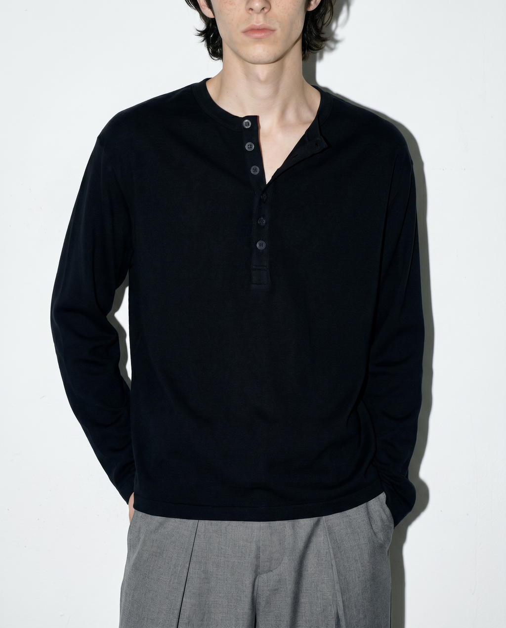 Relaxed Fit Mid-Crop Henley Long Sleeve T-Shirt