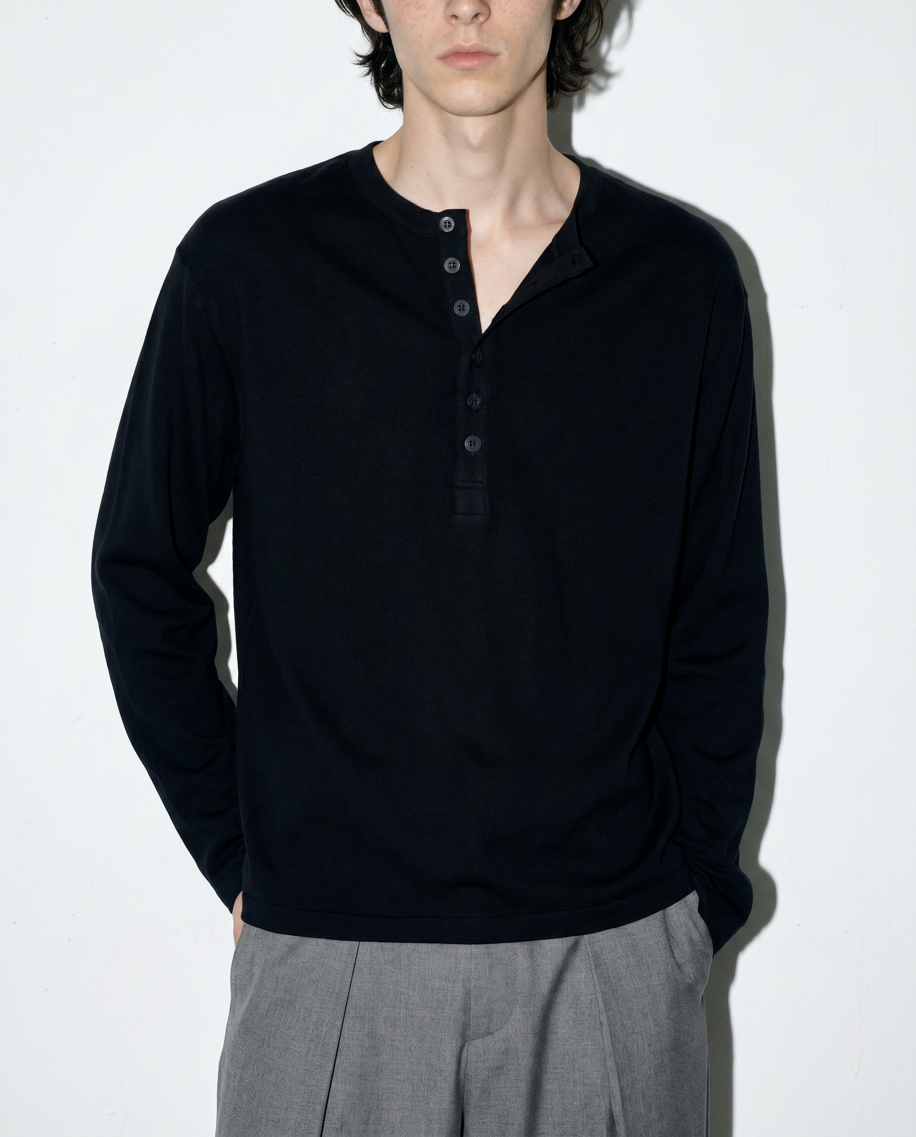Relaxed Fit Mid-Crop Henley Long Sleeve T-Shirt
