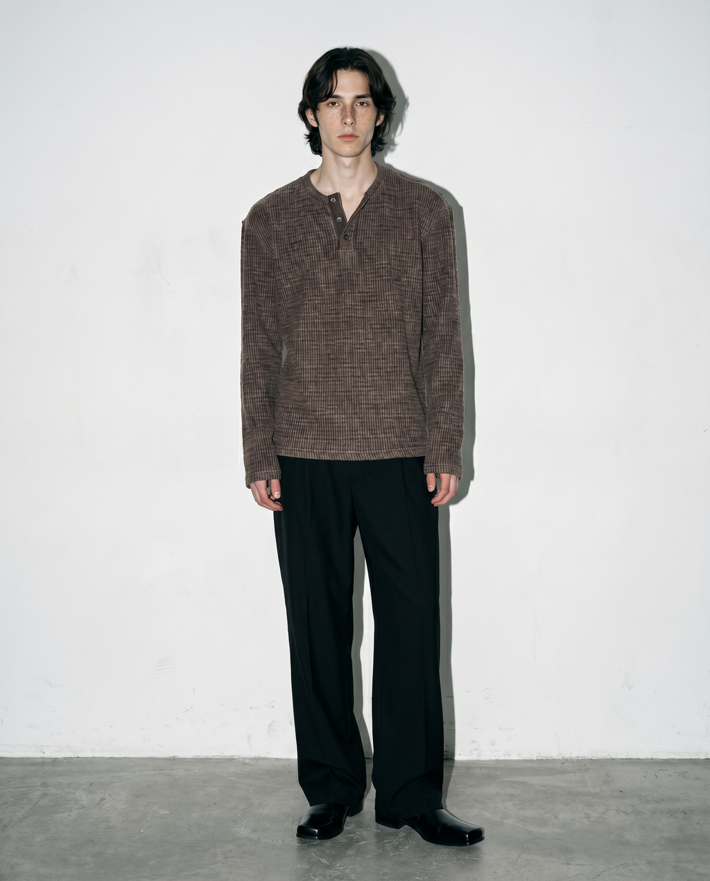 Ribbed Knit Henley Collar Sweater