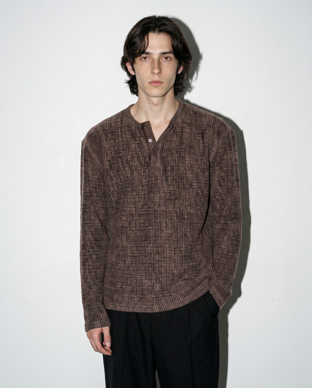 Ribbed Knit Henley Collar Sweater