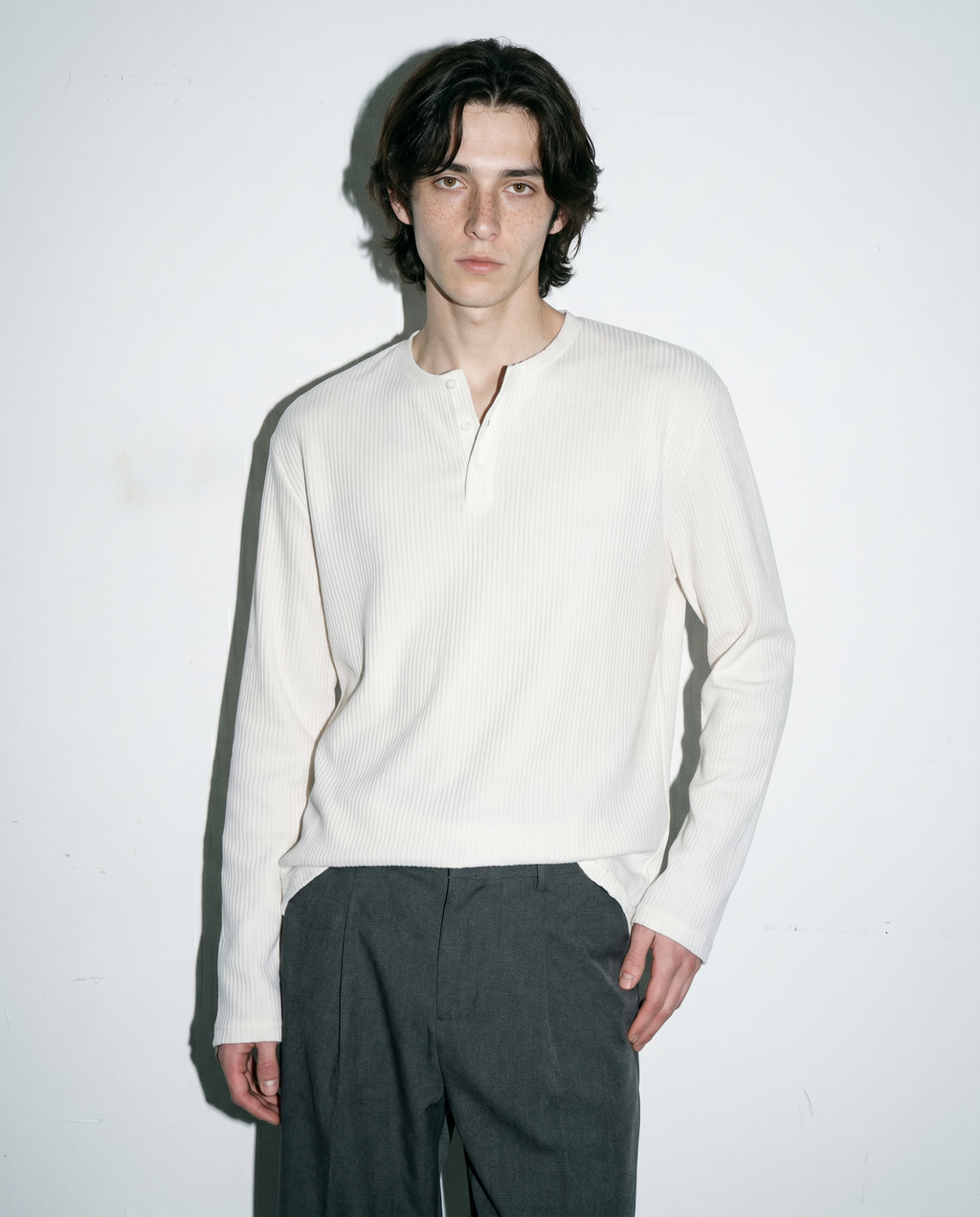 Ribbed Knit Henley Collar Sweater