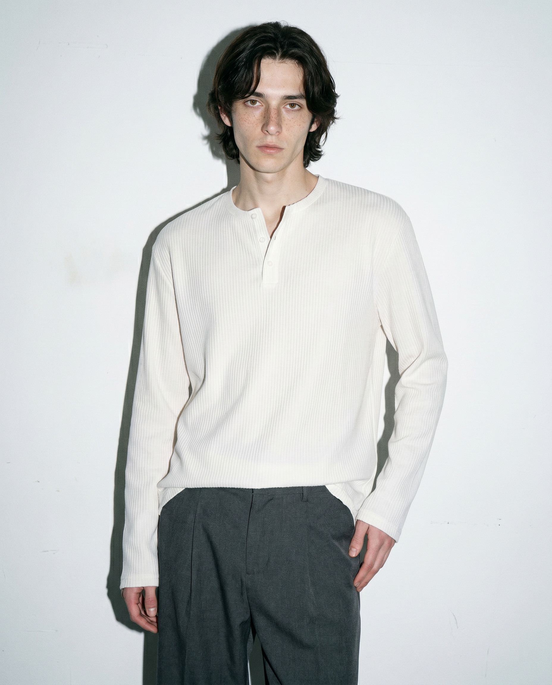 Ribbed Knit Henley Collar Sweater
