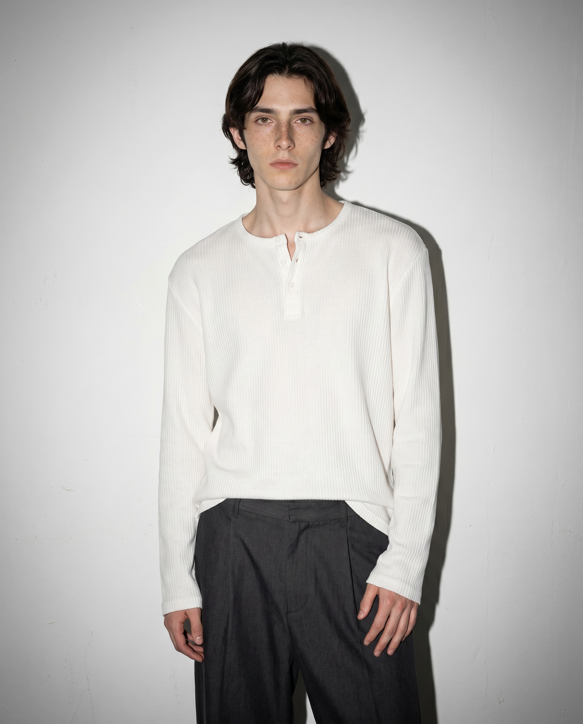 Ribbed Knit Henley Collar Sweater