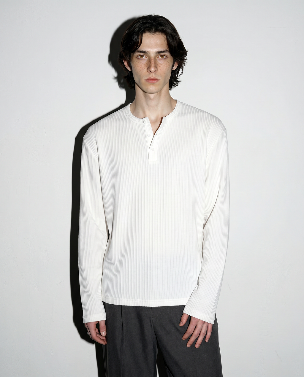 Ribbed Knit Henley Collar Sweater