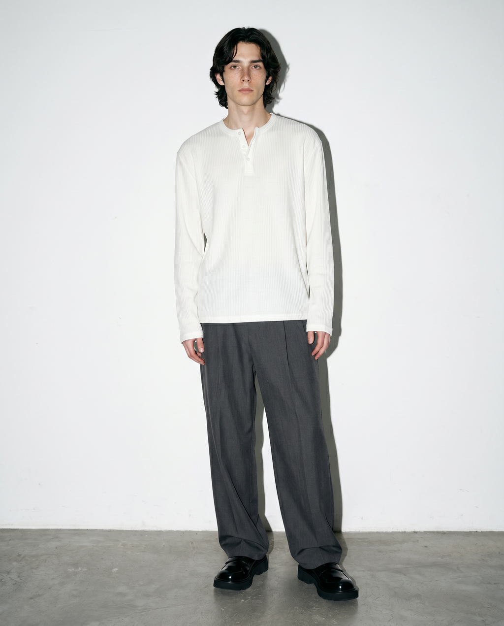 Ribbed Knit Henley Collar Sweater