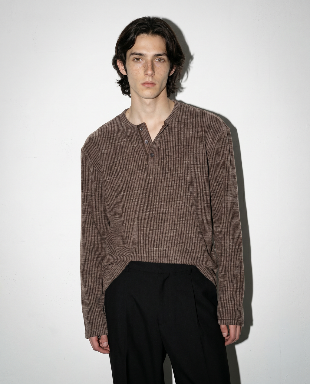 Ribbed Knit Henley Collar Sweater