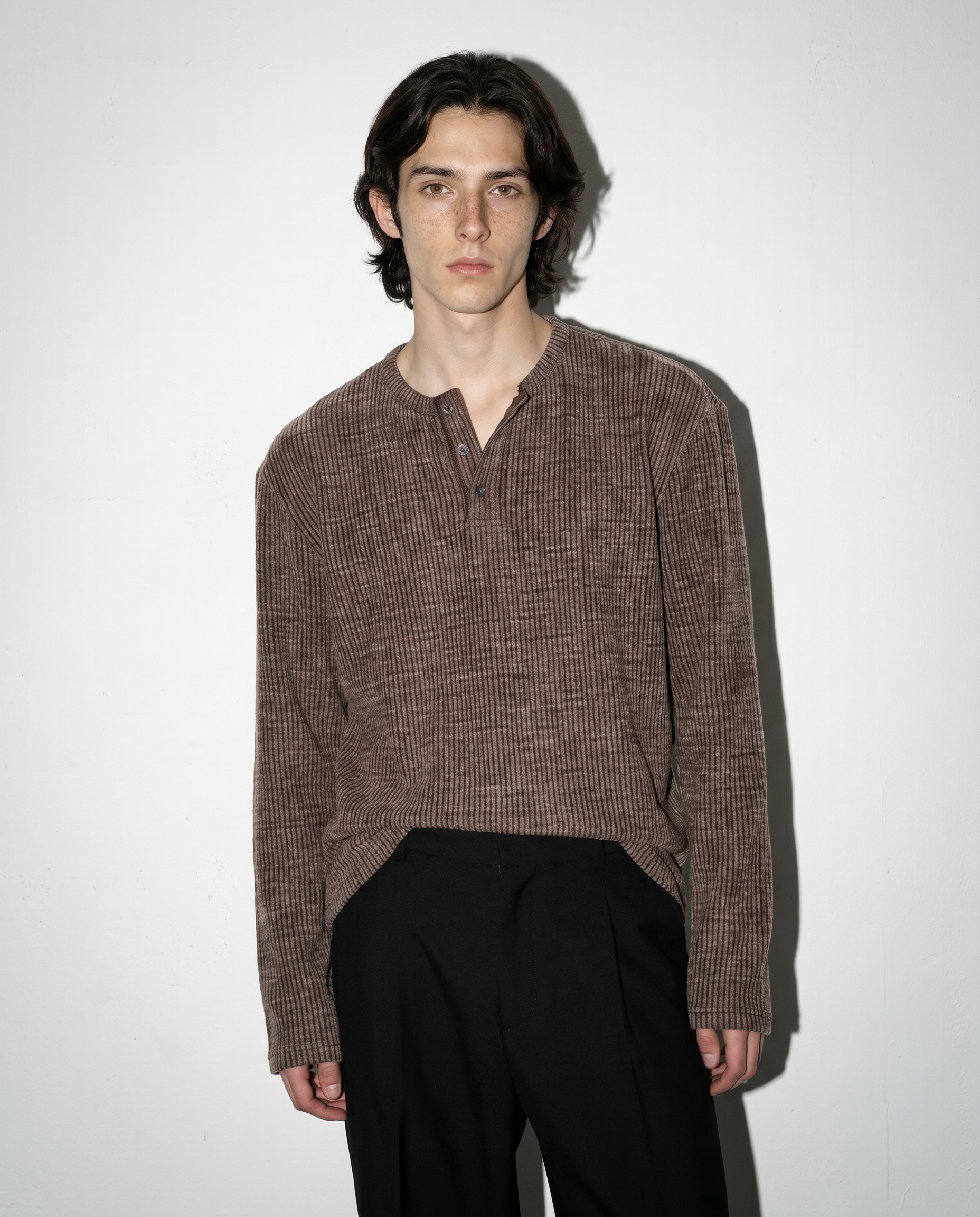 Ribbed Knit Henley Collar Sweater