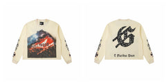 Godspeed "E Pluribus Unum" Burning Hollywood Sign Graphic Beige Long Sleeve Tee