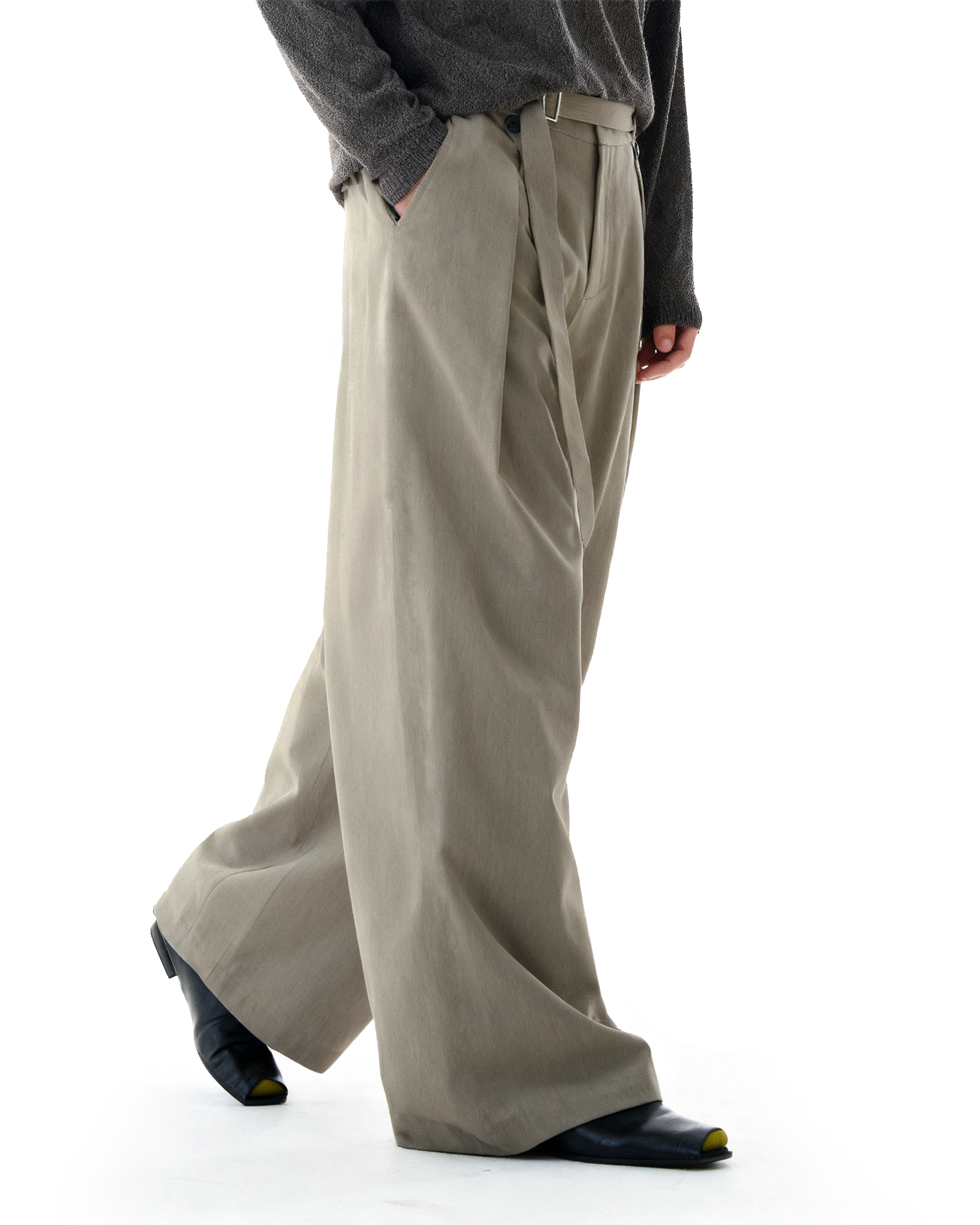 Wide-Leg Pleated Trousers With Wrap Waist Strap