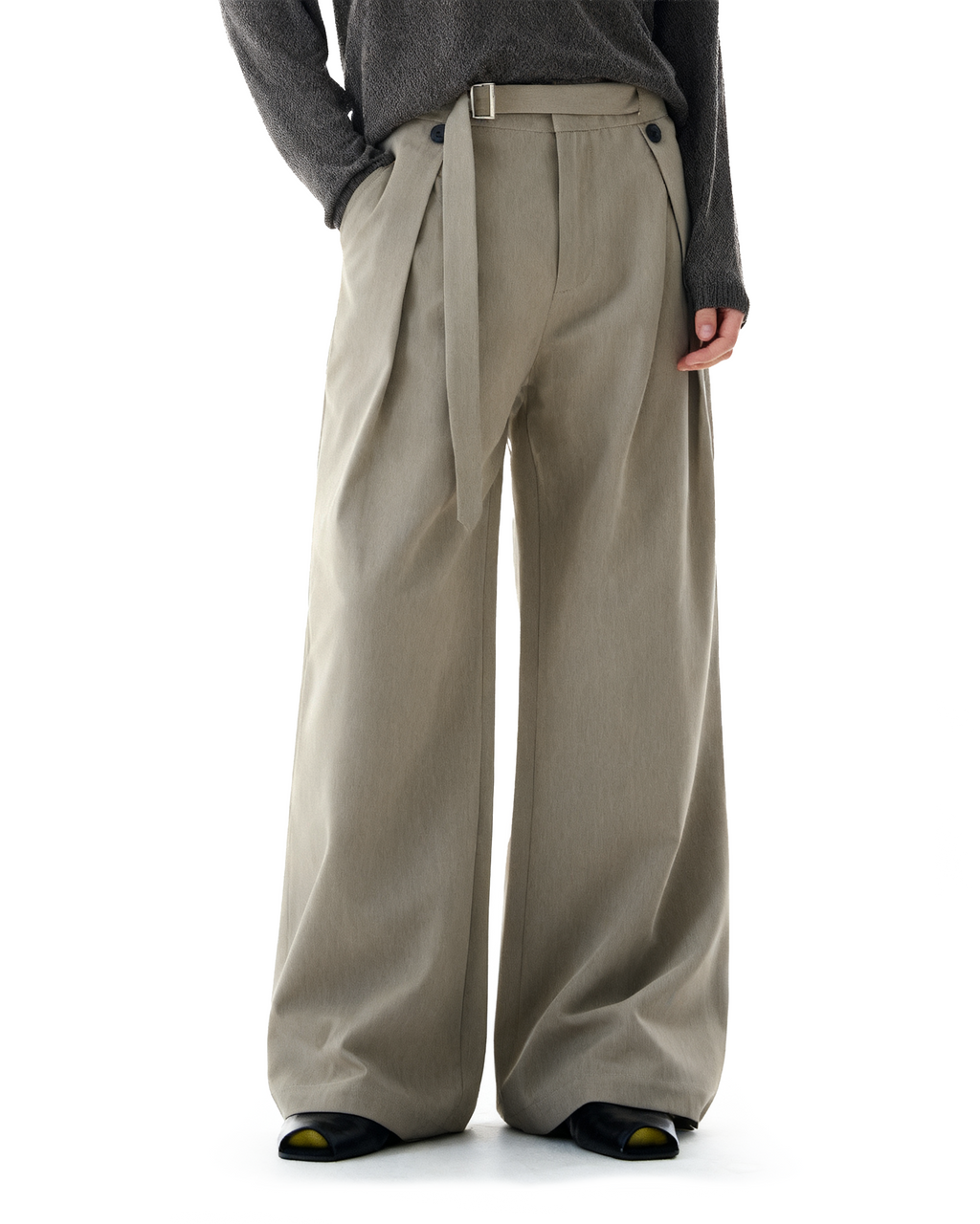 Wide-Leg Pleated Trousers With Wrap Waist Strap