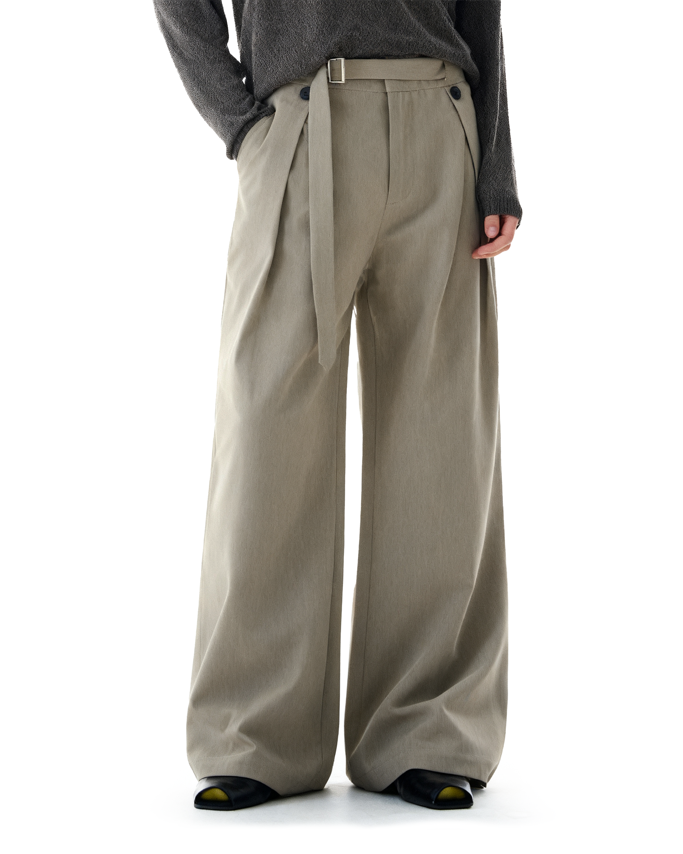 Wide-Leg Pleated Trousers With Wrap Waist Strap