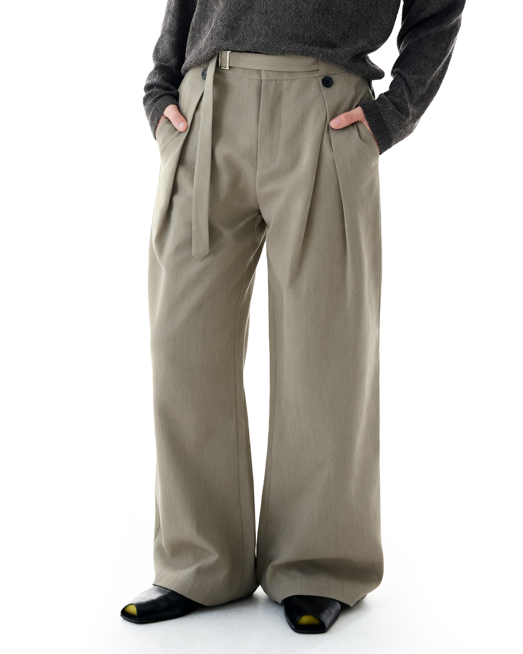 Wide-Leg Pleated Trousers With Wrap Waist Strap