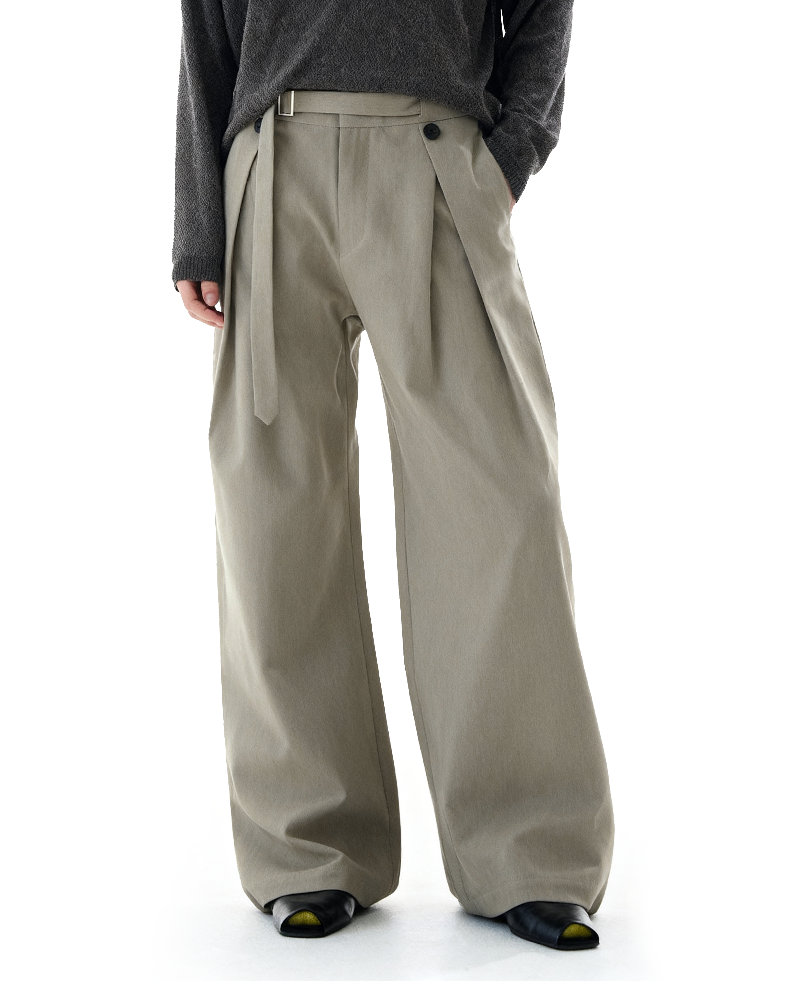 Wide-Leg Pleated Trousers With Wrap Waist Strap