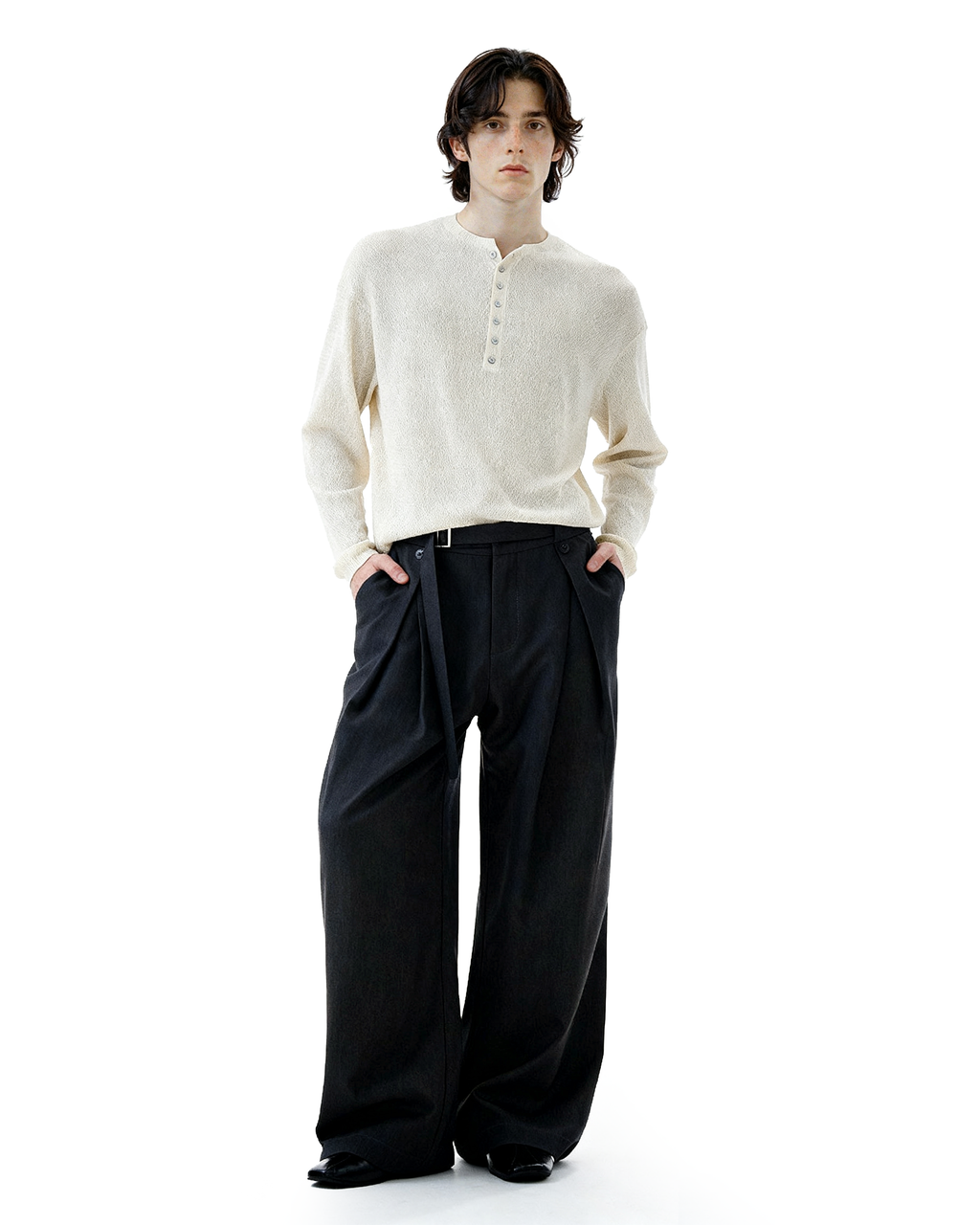 Wide-Leg Pleated Trousers With Wrap Waist Strap