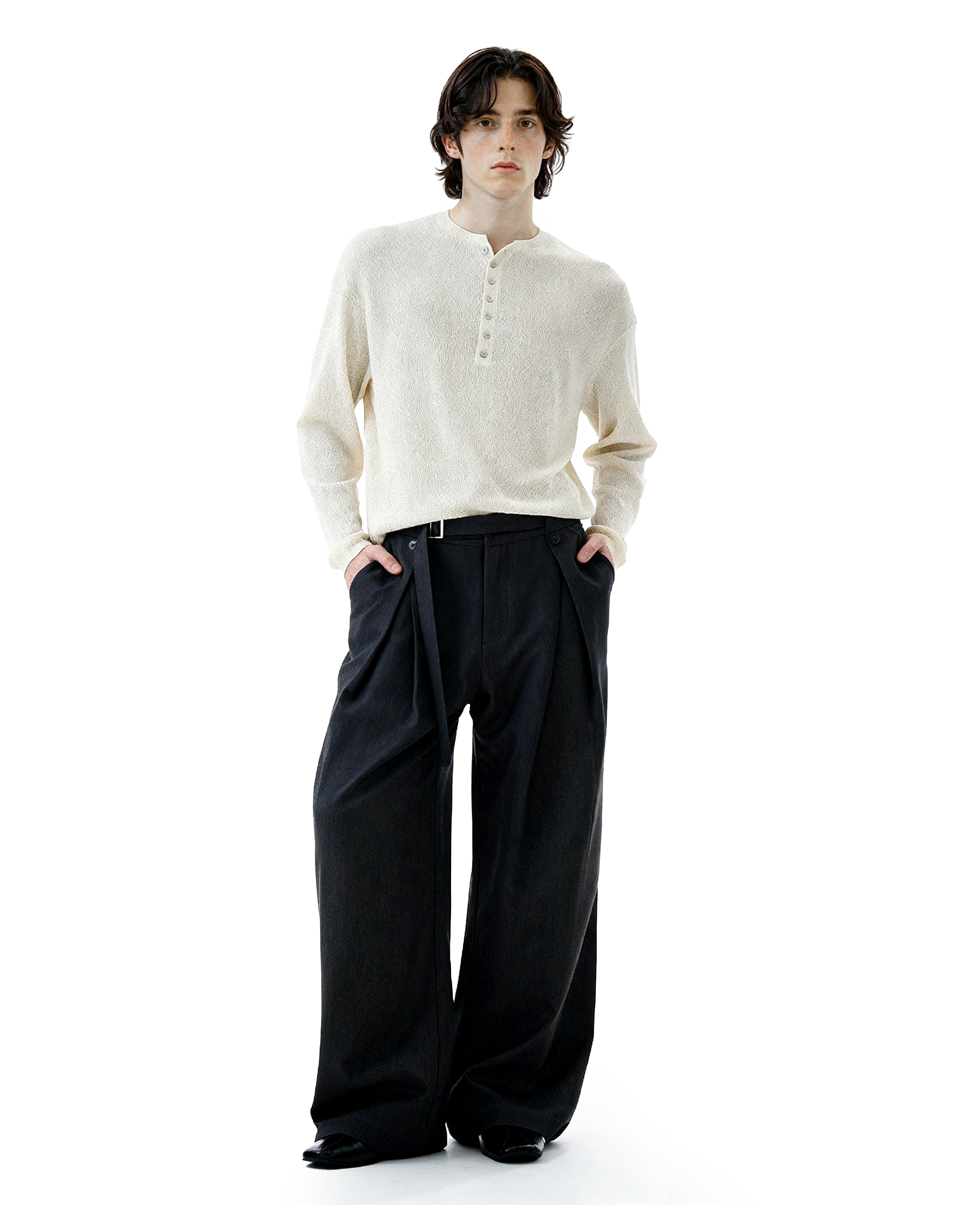 Wide-Leg Pleated Trousers With Wrap Waist Strap