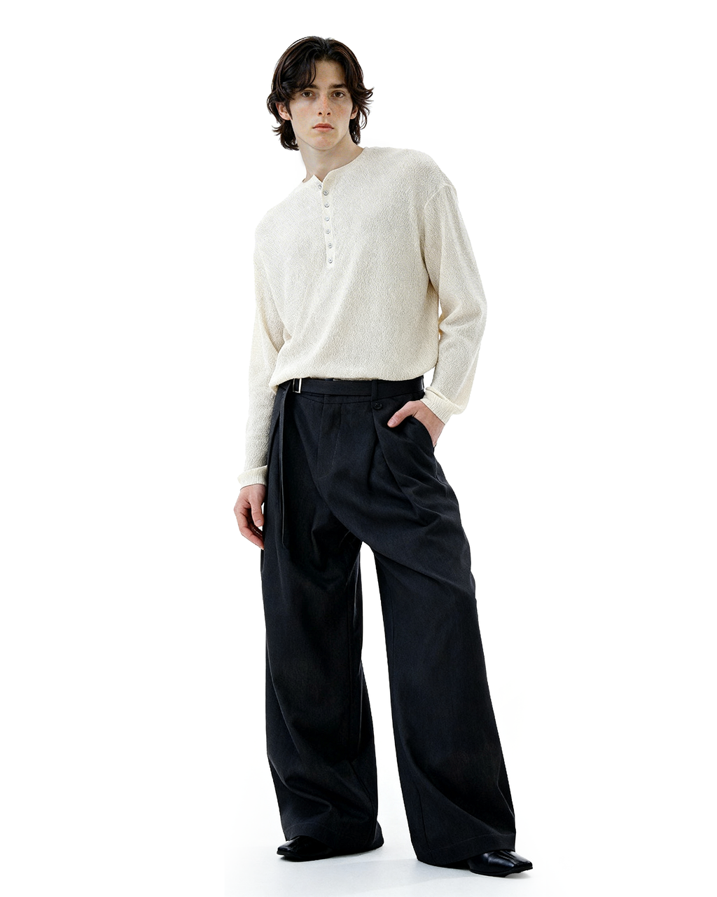 Wide-Leg Pleated Trousers With Wrap Waist Strap