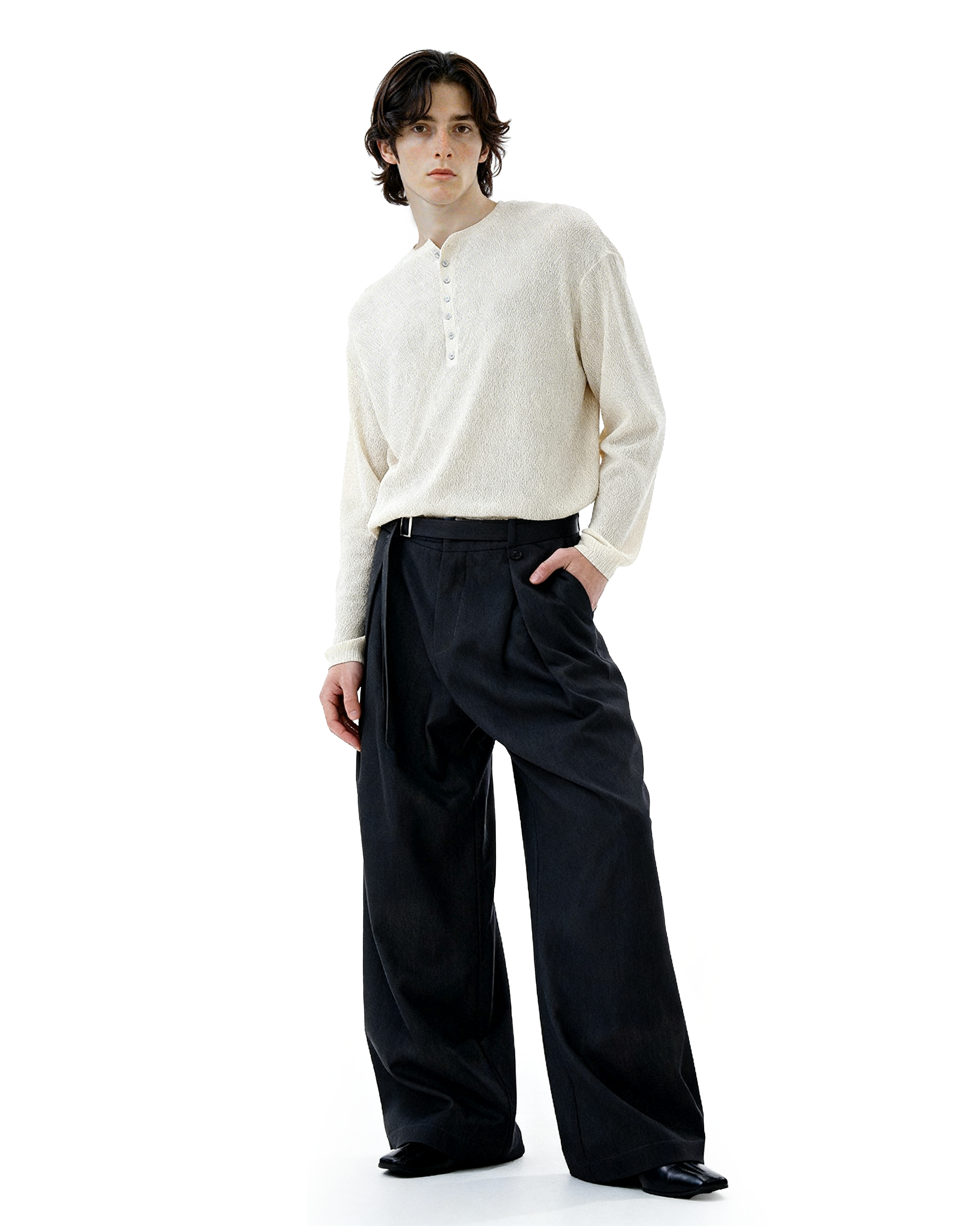 Wide-Leg Pleated Trousers With Wrap Waist Strap