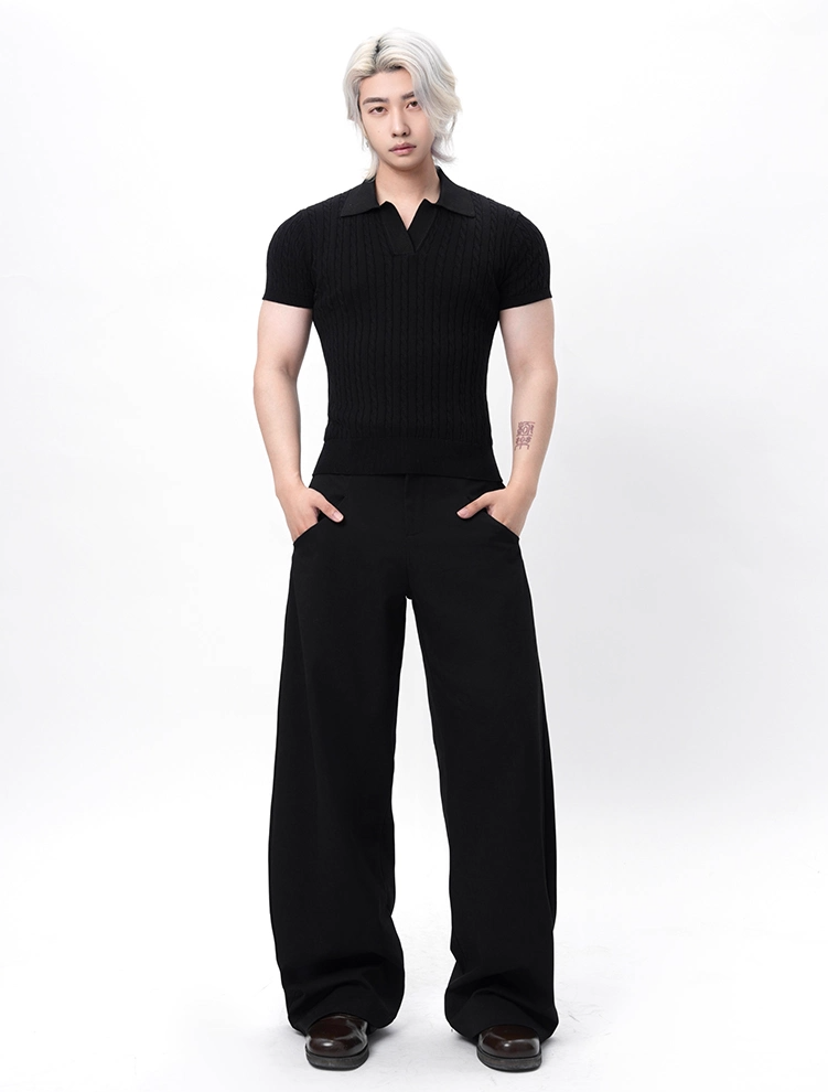Ribbed Trim Cable Knit Pattern Polo Shirt